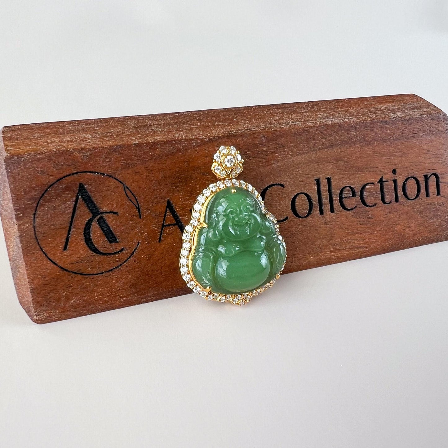 Laughing Buddha of Prosperity Jade Pendant, Green Jade Happy Buddha, Nephrite Jade with 18K Solid Gold and Diamonds, ZXG-1124-11760739971