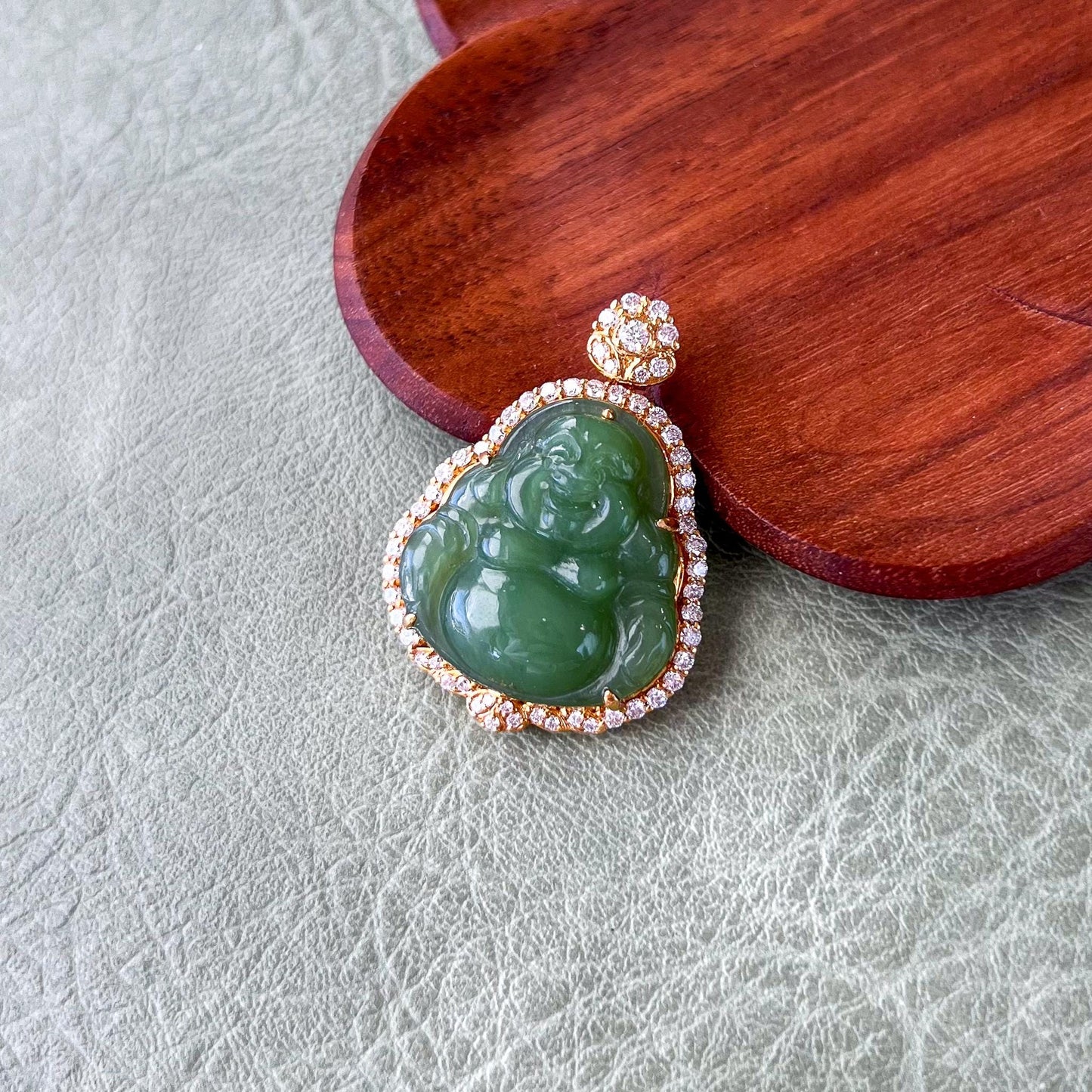 Laughing Buddha of Prosperity Jade Pendant, Green Jade Happy Buddha, Nephrite Jade with 18K Solid Gold and Diamonds, ZXG-1124-11760739971