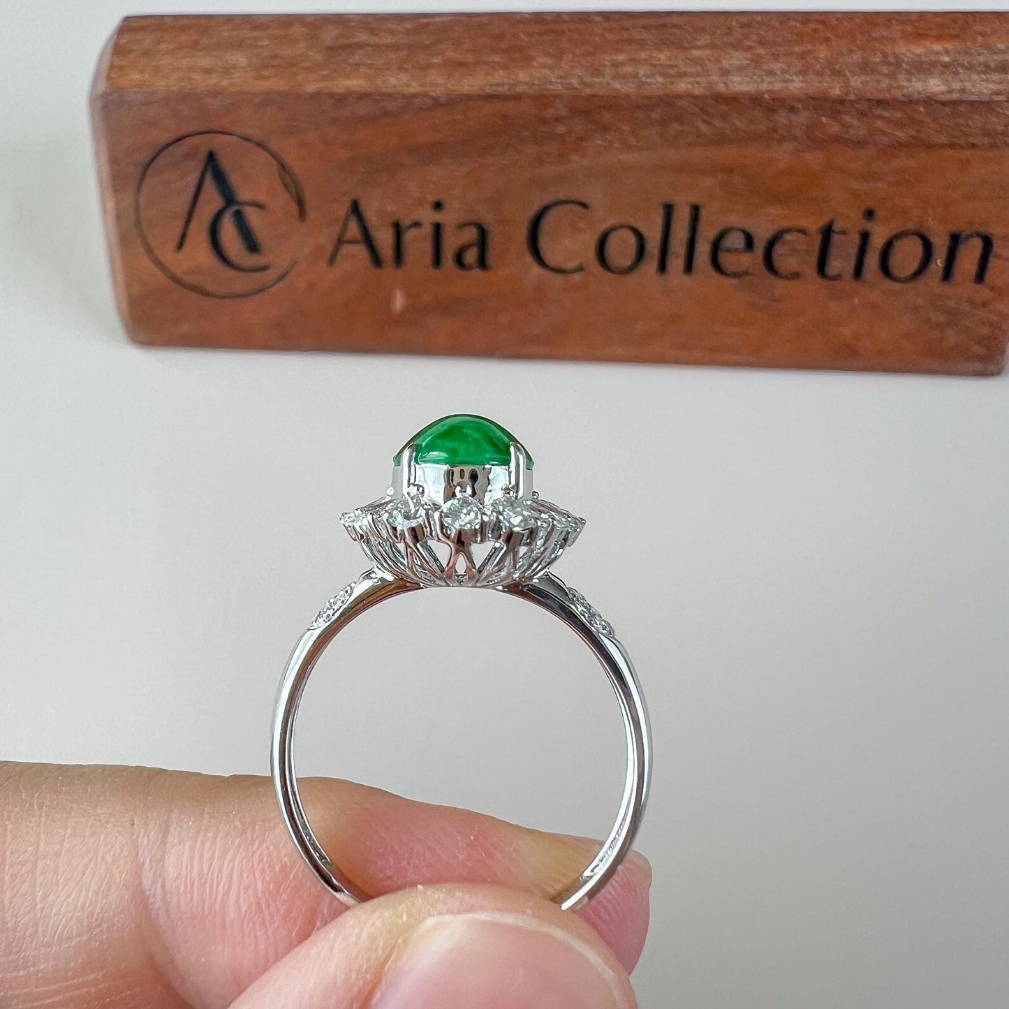 Imperial Flower Halo Jade Ring, Green Jadeite Jade Ring, 18K White Gold with diamonds, Size 5.75, SHWQ-0424-1760841850
