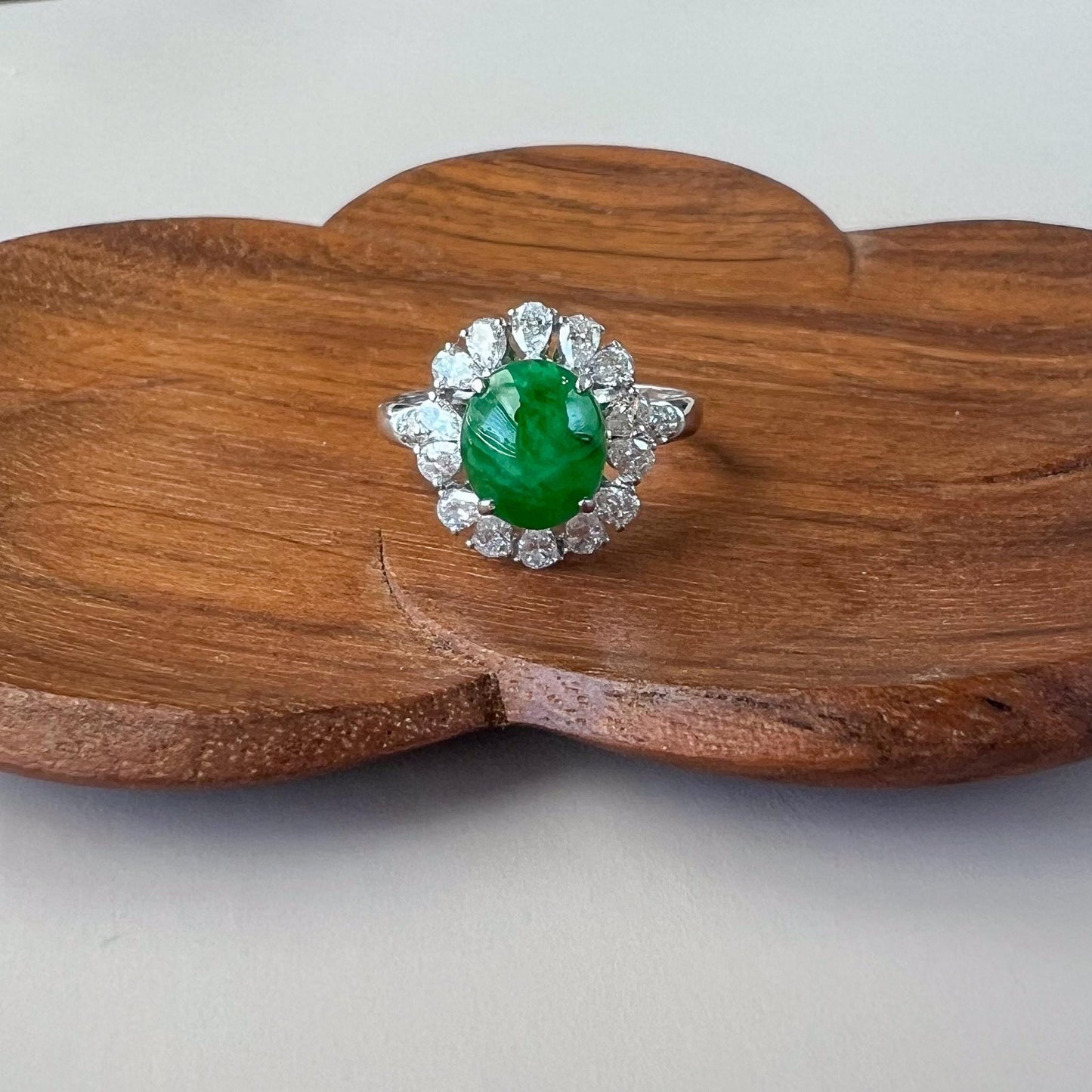 Imperial Flower Halo Jade Ring, Green Jadeite Jade Ring, 18K White Gold with diamonds, Size 5.75, SHWQ-0424-1760841850