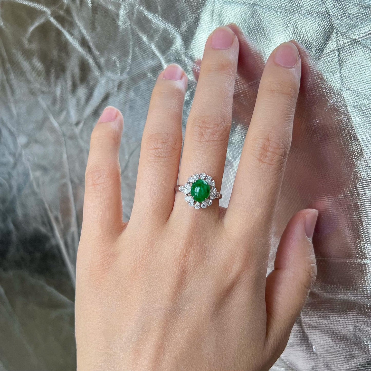Imperial Flower Halo Jade Ring, Green Jadeite Jade Ring, 18K White Gold with diamonds, Size 5.75, SHWQ-0424-1760841850