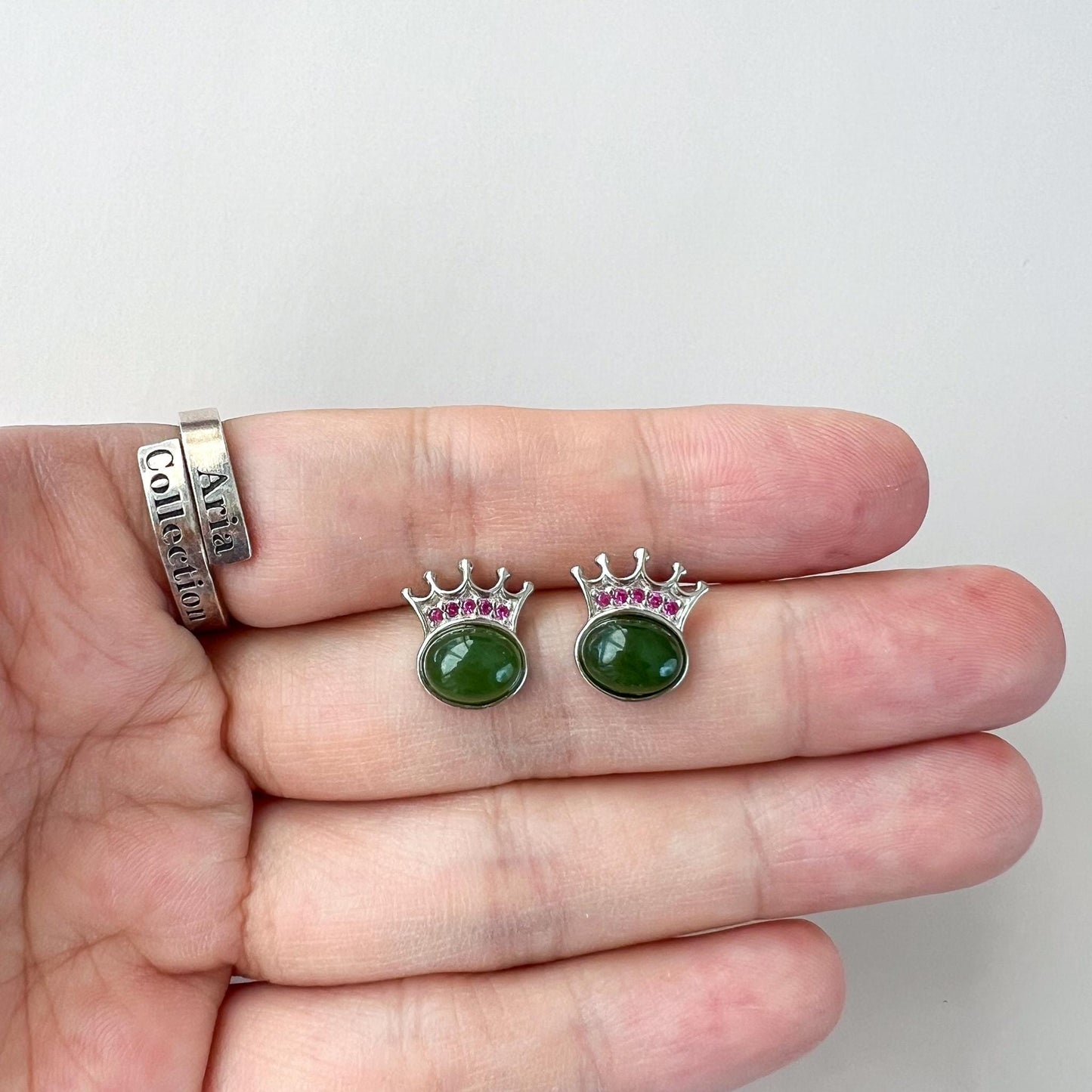 Royal Crown Jade Earring Studs, Green Nephrite Jade Sterling Silver Earrings, JSY-0424-12191