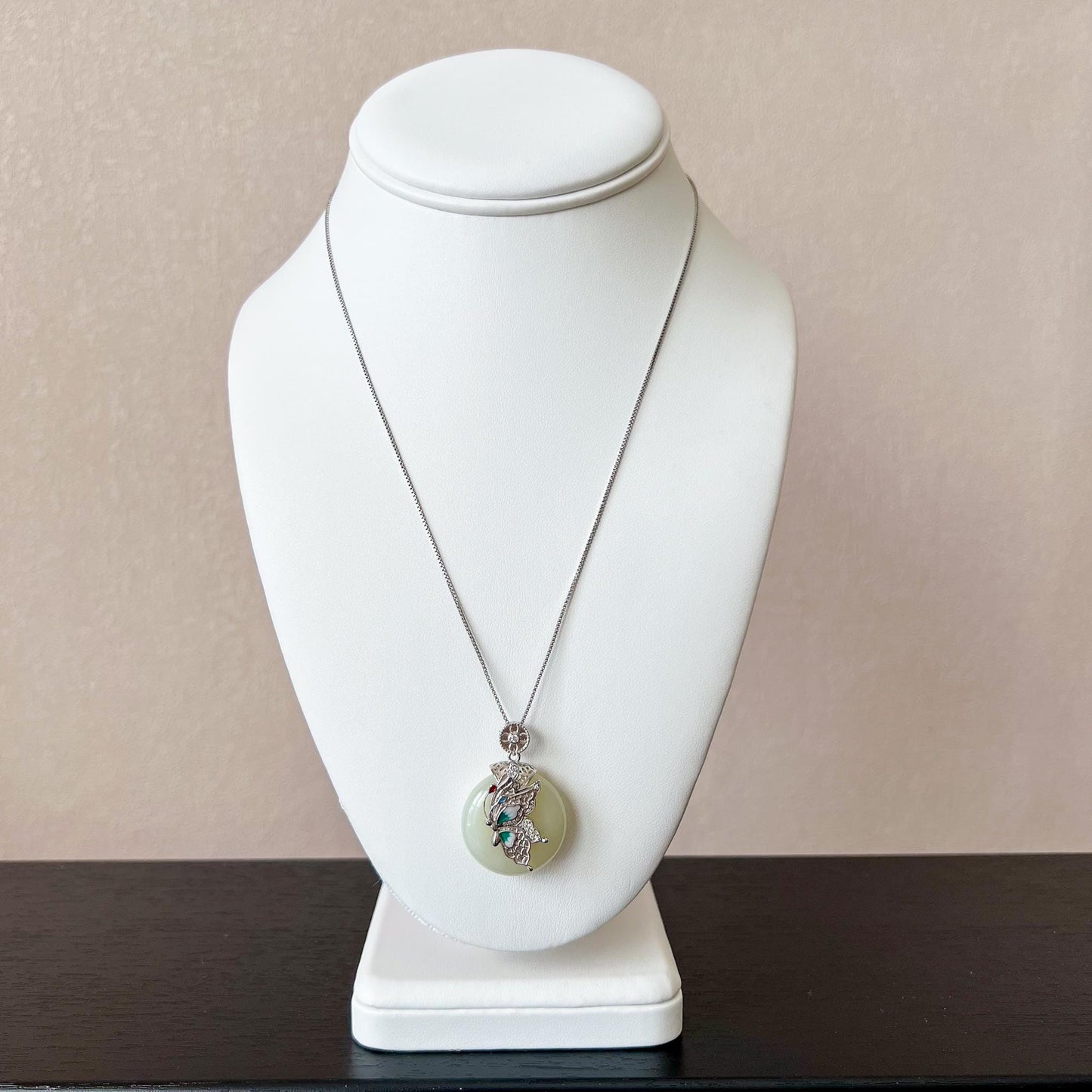 Moonlit Butterfly Peace Jade Pendant, Jadeite Jade Pendant with Sterling Silver, Ping An Kou, JSY-0424-0046