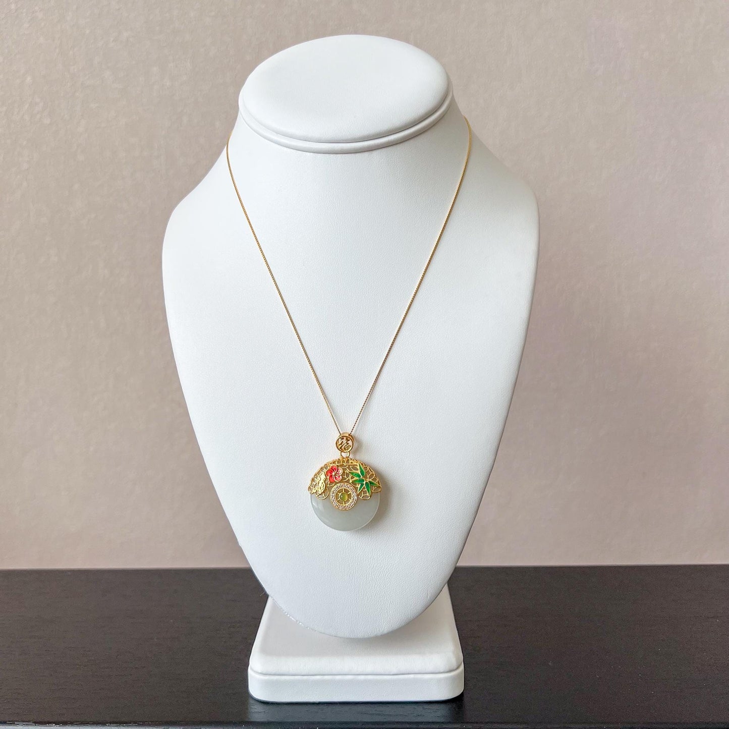 Eternal Spring Peace Jade Pendant, Jadeite Jade Pendant with Gold Plated Sterling Silver, Ping An Kou, JSY-0424-3081