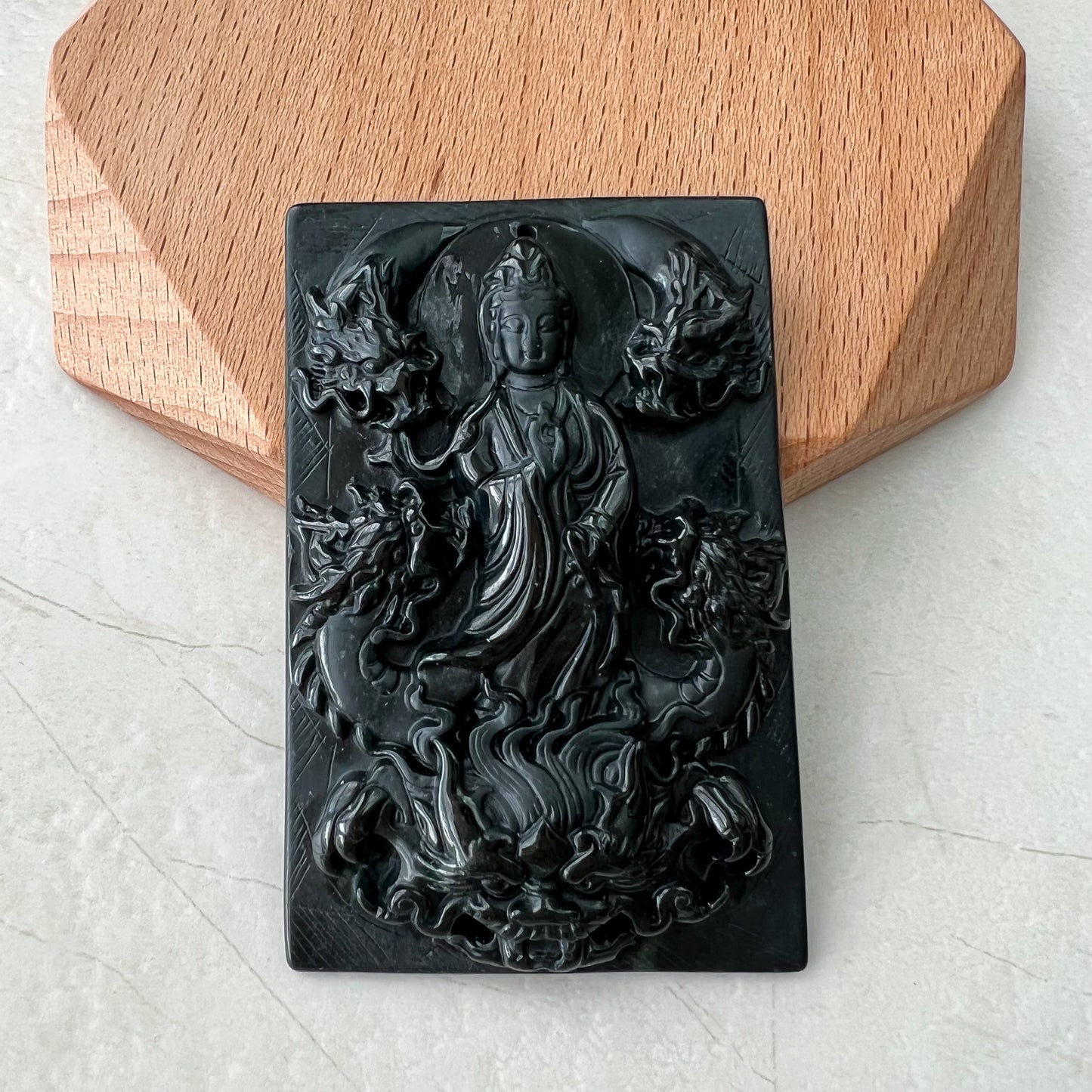 Black Jadeite Jade Omphacite Guan Yin Protected by Five Dragons Necklace, LGG-1221-1646193943 - AriaDesignCollection