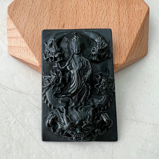 Black Jadeite Jade Omphacite Guan Yin Protected by Five Dragons Necklace, LGG-1221-1646193943 - AriaDesignCollection