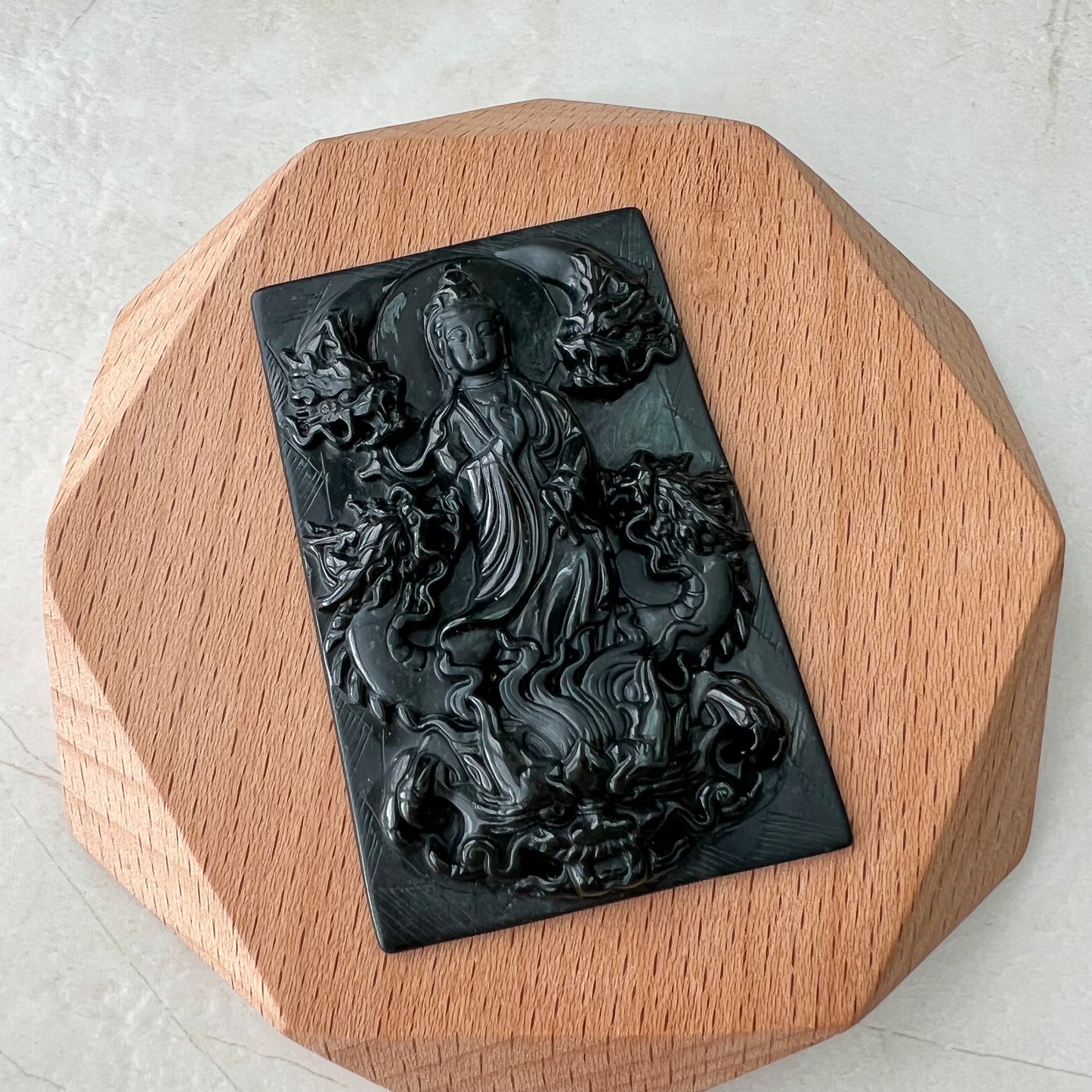Black Jadeite Jade Omphacite Guan Yin Protected by Five Dragons Necklace, LGG-1221-1646193943 - AriaDesignCollection