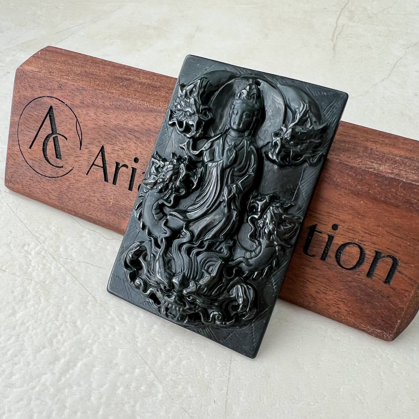 Black Jadeite Jade Omphacite Guan Yin Protected by Five Dragons Necklace, LGG-1221-1646193943 - AriaDesignCollection