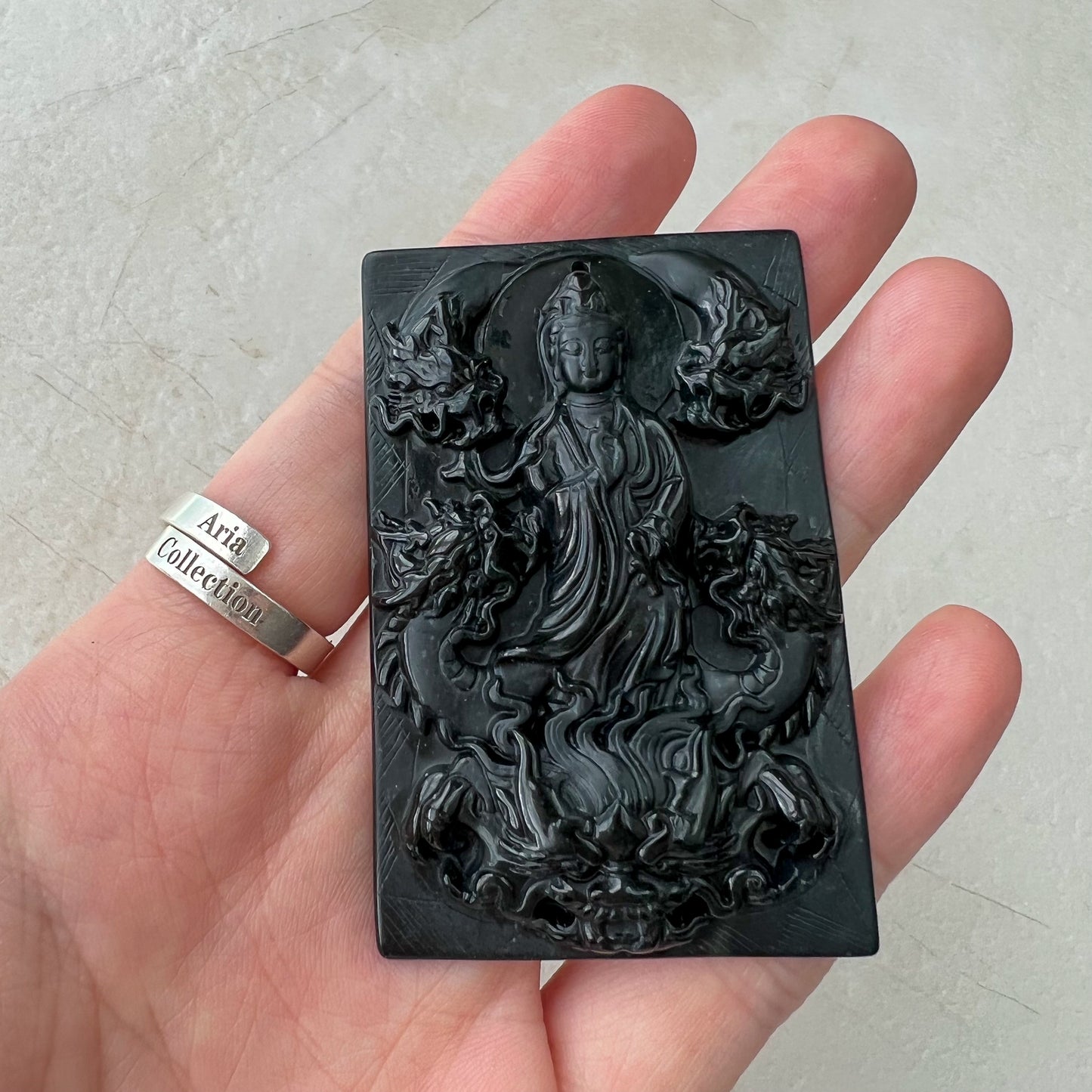 Black Jadeite Jade Omphacite Guan Yin Protected by Five Dragons Necklace, LGG-1221-1646193943 - AriaDesignCollection