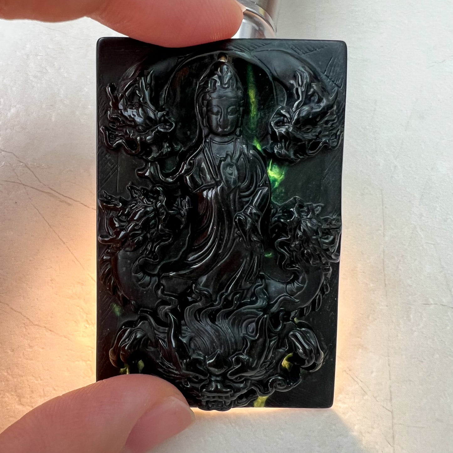 Black Jadeite Jade Omphacite Guan Yin Protected by Five Dragons Necklace, LGG-1221-1646193943 - AriaDesignCollection