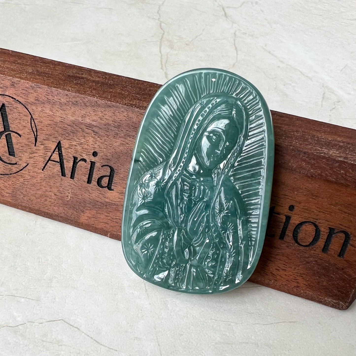 Jadeite Jade Virgin Mary, Mother of Jesus, Blue Green Jade, Christian Necklace, Hand Carved Necklace, XZ-1221-1671073796
