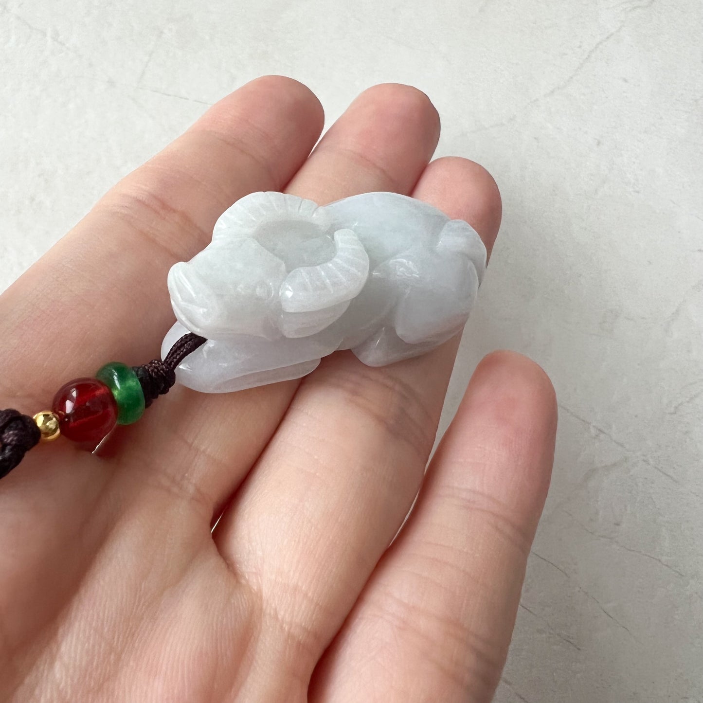 White Light Purple Jadeite Jade Ox Bull Cow Chinese Zodiac Carved Pendant Necklace, YJ-0321-0467120 - AriaDesignCollection