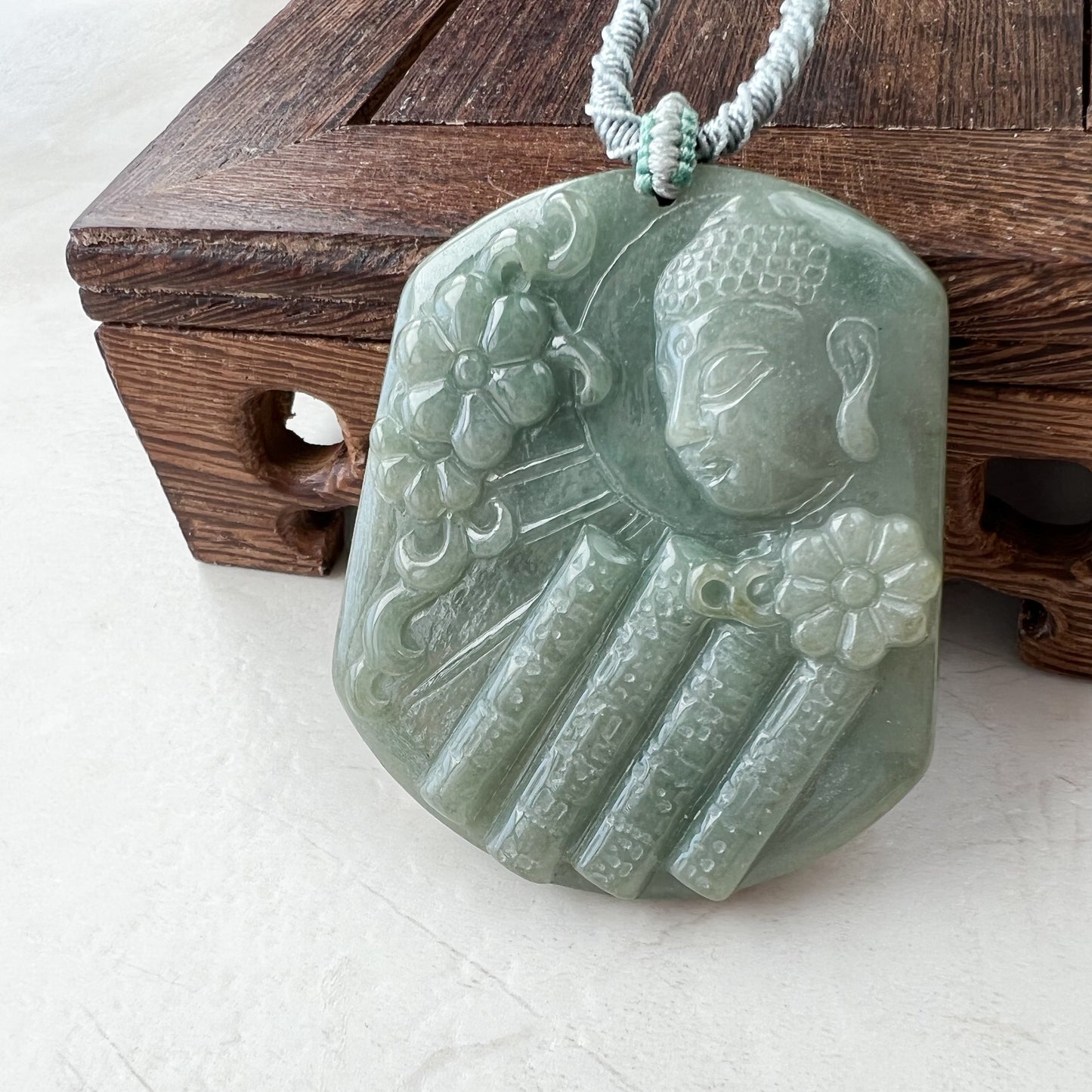 Jadeite Jade Amida Amitabha Buddha Looking Down on Earth Necklace Right, YJ-0321-0344797-2 - AriaDesignCollection