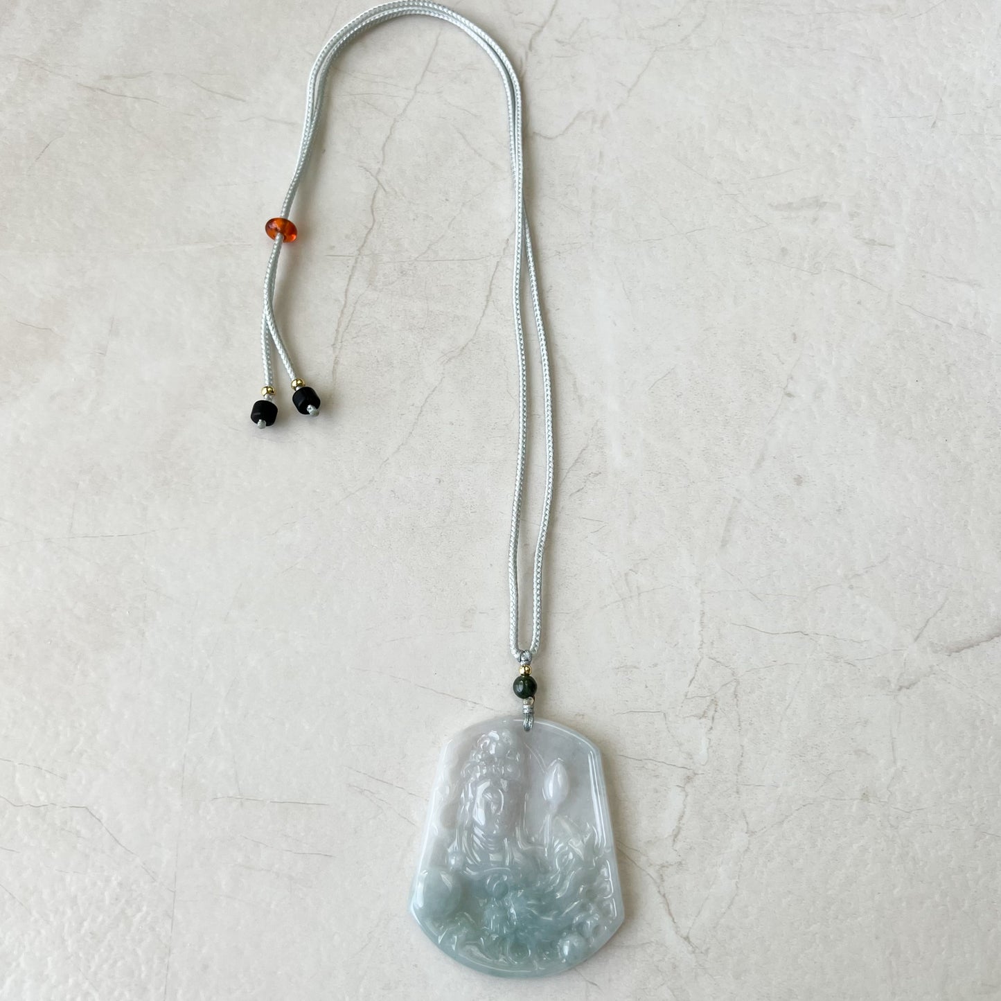 Jadeite Jade Guan Yin Kwan Yin Protected by Dragon Avalokitesvara Semi-Translucent Carved Pendant Necklace, YJ-0321-0429768 - AriaDesignCollection