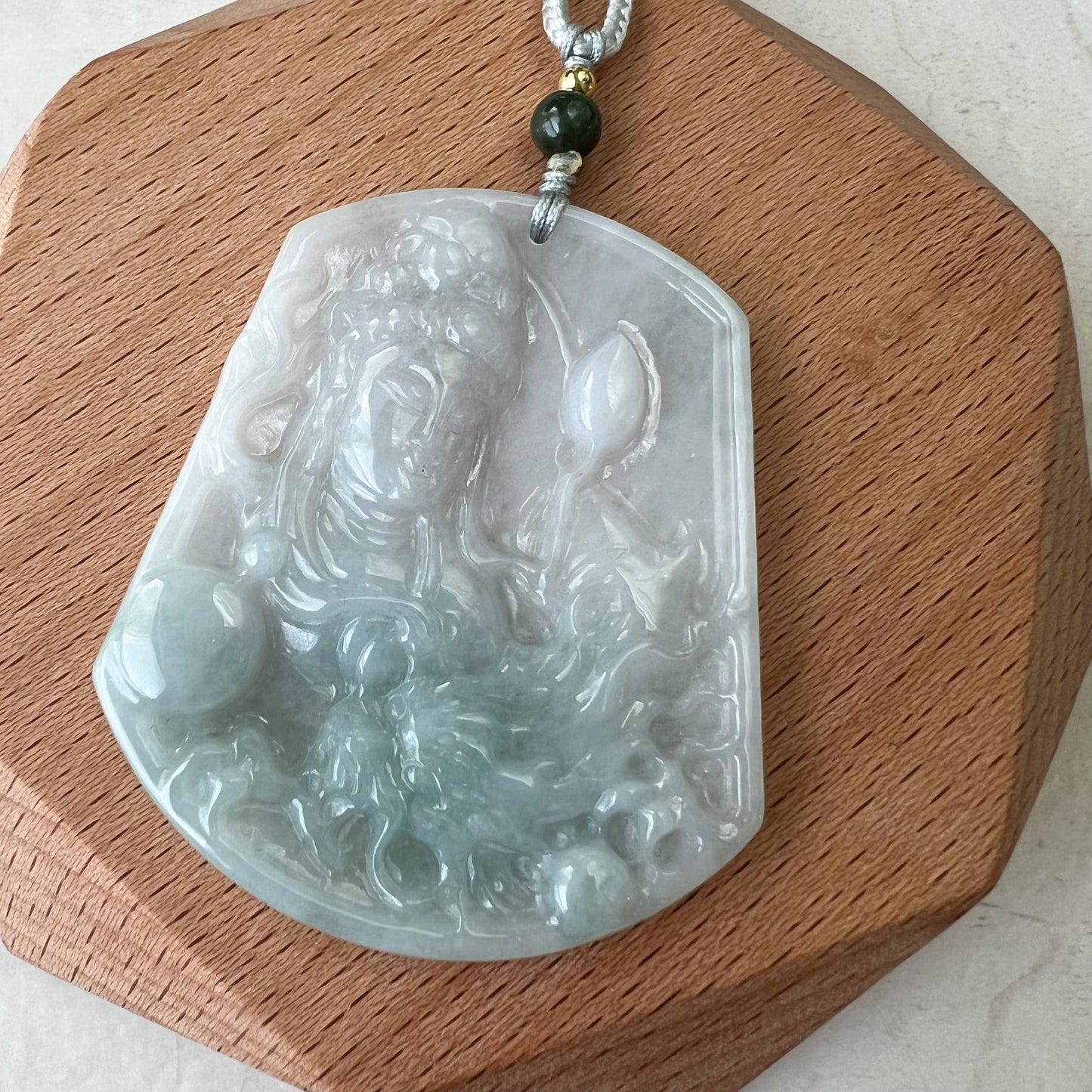 Jadeite Jade Guan Yin Kwan Yin Protected by Dragon Avalokitesvara Semi-Translucent Carved Pendant Necklace, YJ-0321-0429768 - AriaDesignCollection