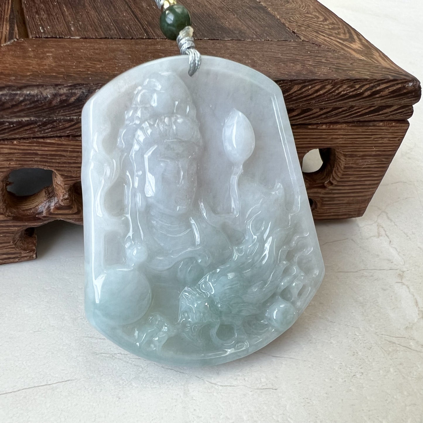 Jadeite Jade Guan Yin Kwan Yin Protected by Dragon Avalokitesvara Semi-Translucent Carved Pendant Necklace, YJ-0321-0429768 - AriaDesignCollection