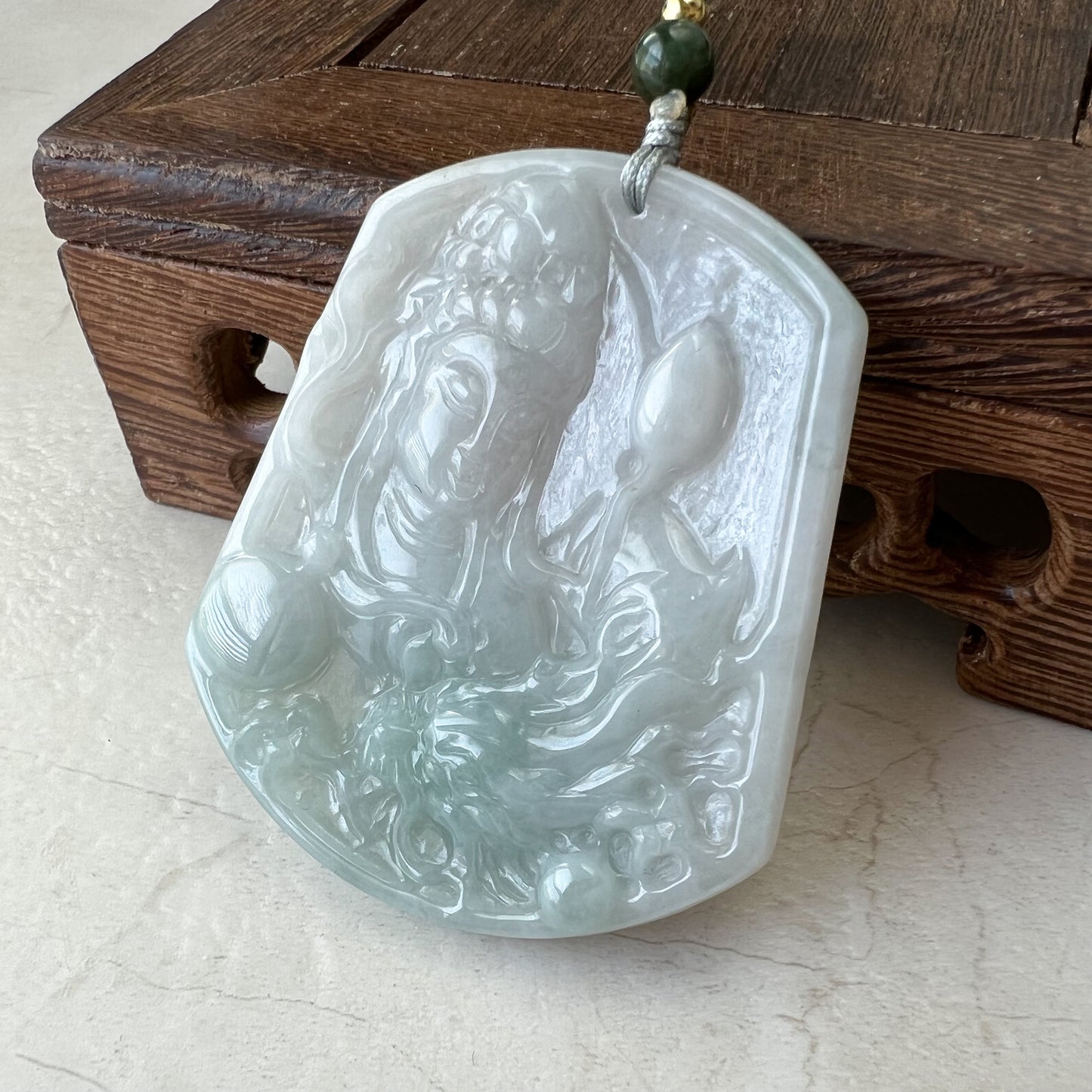 Jadeite Jade Guan Yin Kwan Yin Protected by Dragon Avalokitesvara Semi-Translucent Carved Pendant Necklace, YJ-0321-0429768 - AriaDesignCollection