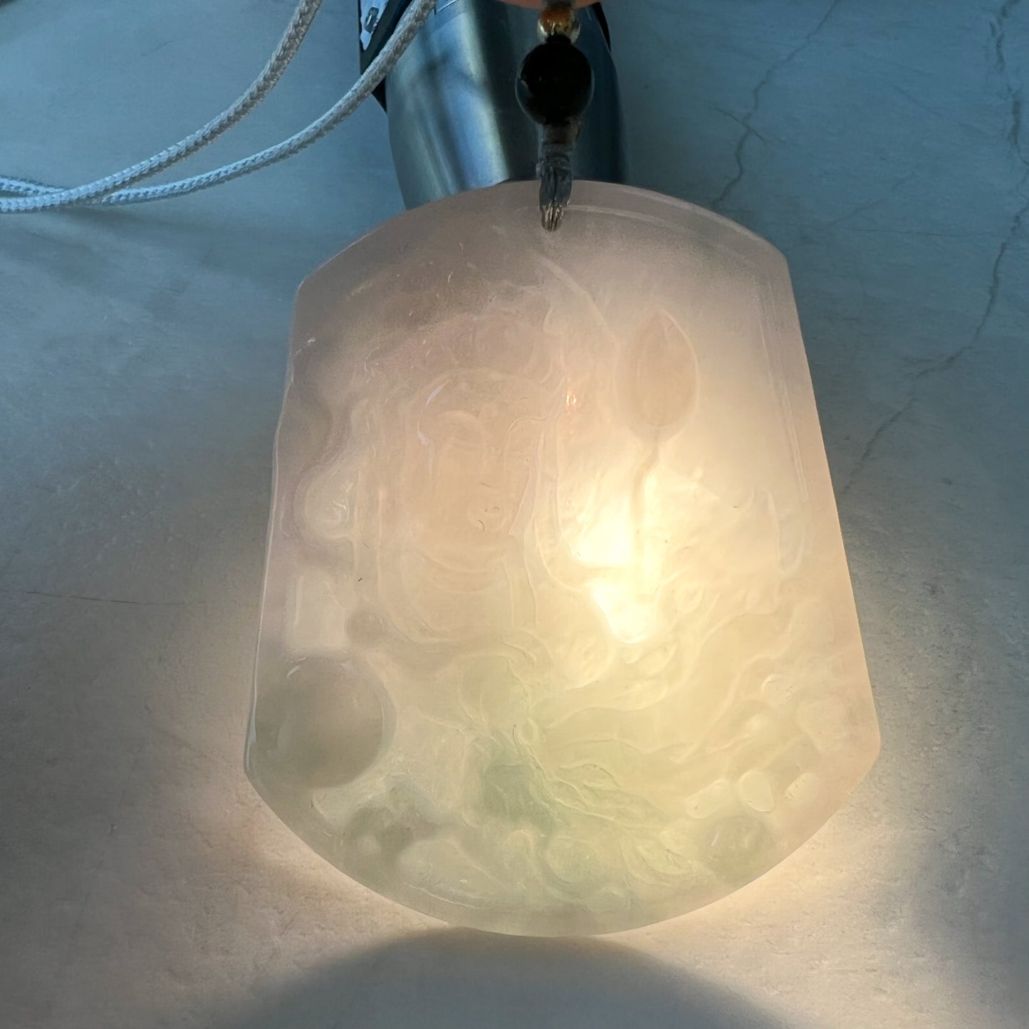 Jadeite Jade Guan Yin Kwan Yin Protected by Dragon Avalokitesvara Semi-Translucent Carved Pendant Necklace, YJ-0321-0429768 - AriaDesignCollection
