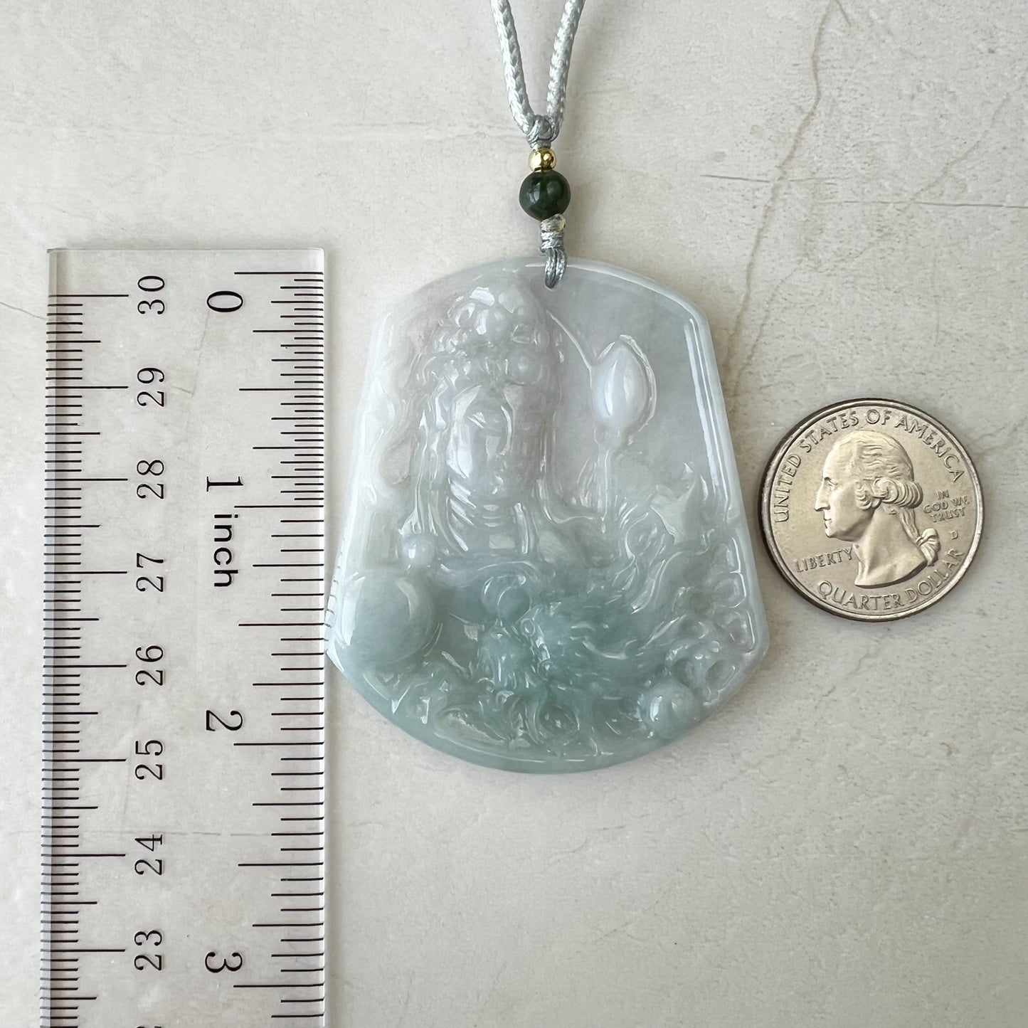 Jadeite Jade Guan Yin Kwan Yin Protected by Dragon Avalokitesvara Semi-Translucent Carved Pendant Necklace, YJ-0321-0429768 - AriaDesignCollection