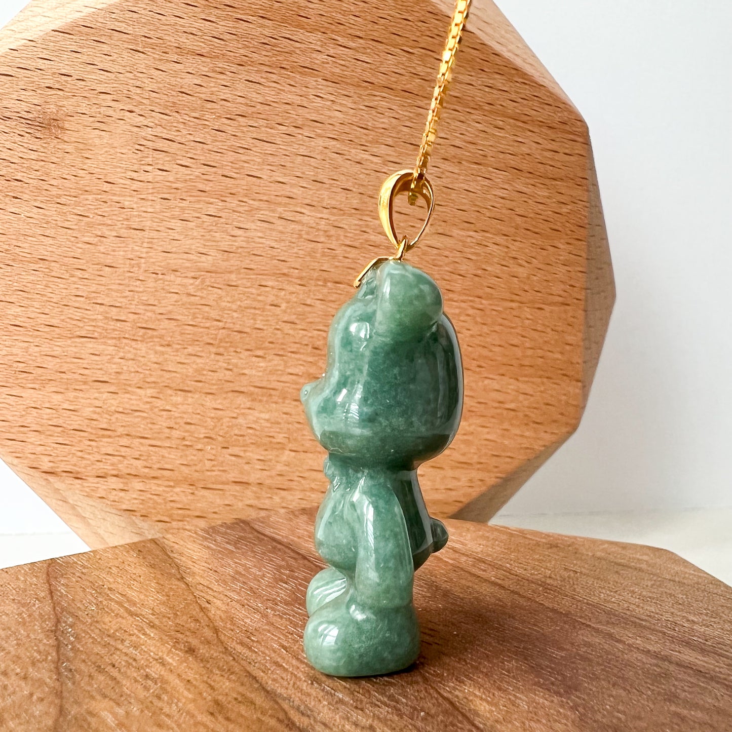 Green Jadeite Jade Teddy Bear, 18K Gold Bail, Hand Carved Pendant - AriaDesignCollection