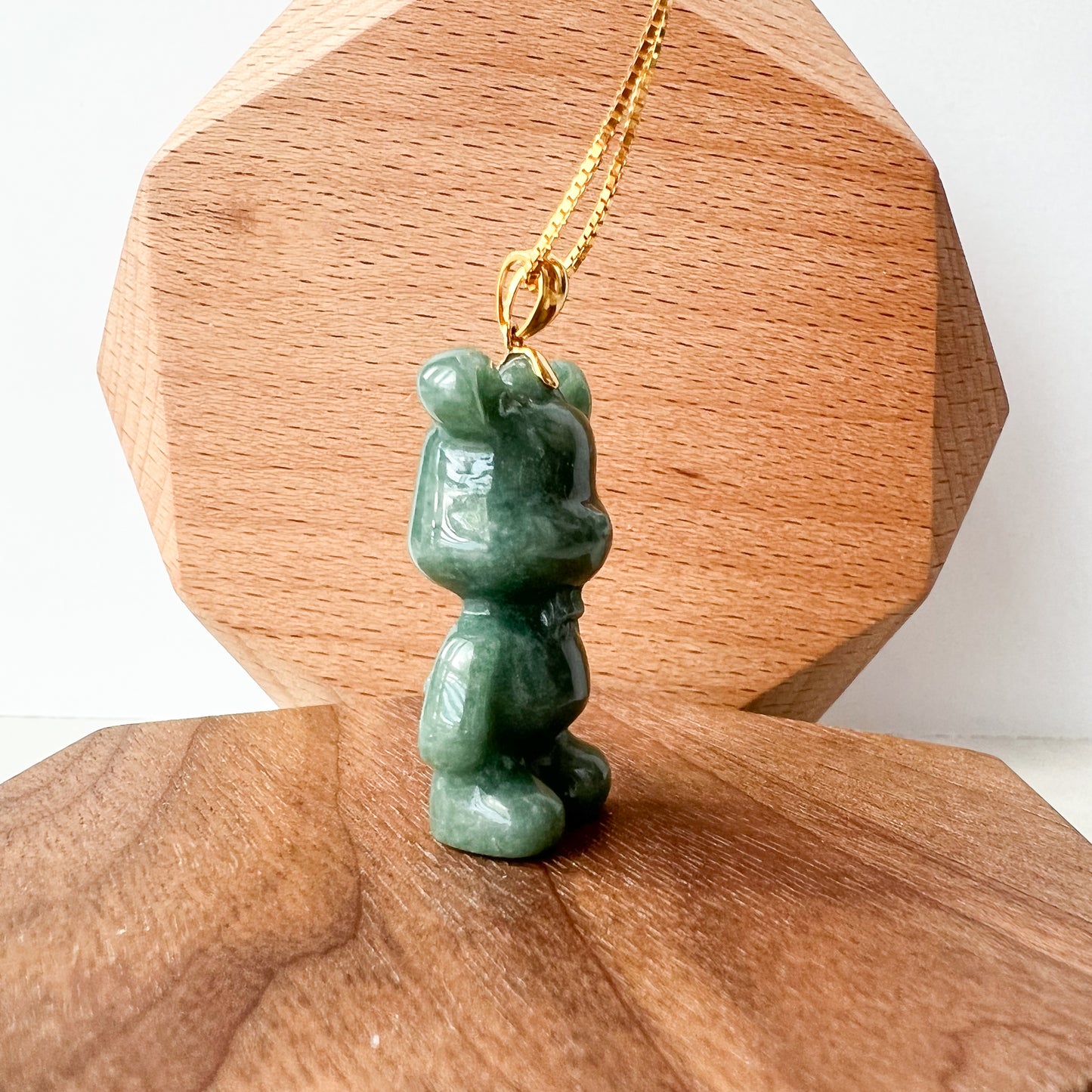 Green Jadeite Jade Teddy Bear, 18K Gold Bail, Hand Carved Pendant - AriaDesignCollection