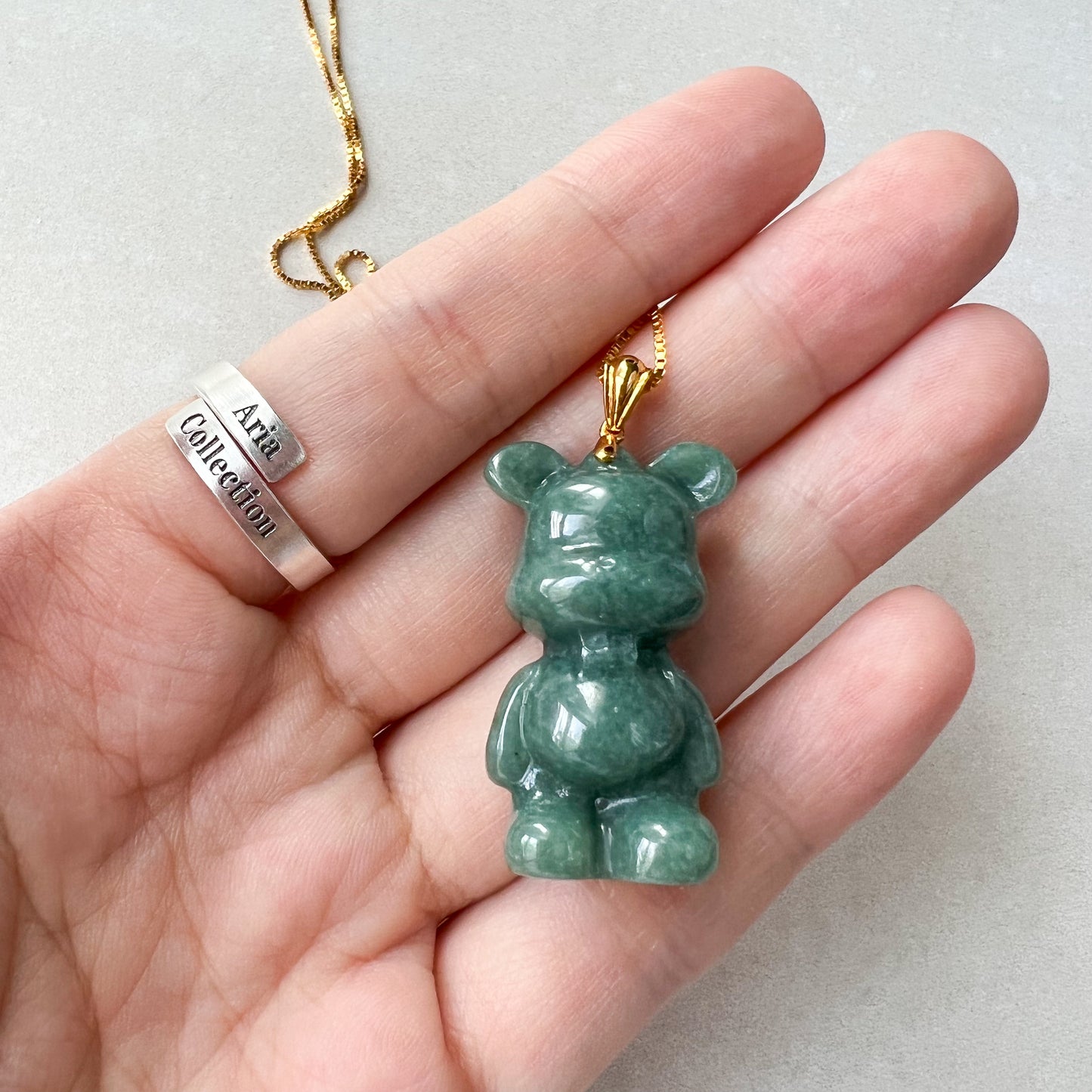 Green Jadeite Jade Teddy Bear, 18K Gold Bail, Hand Carved Pendant - AriaDesignCollection
