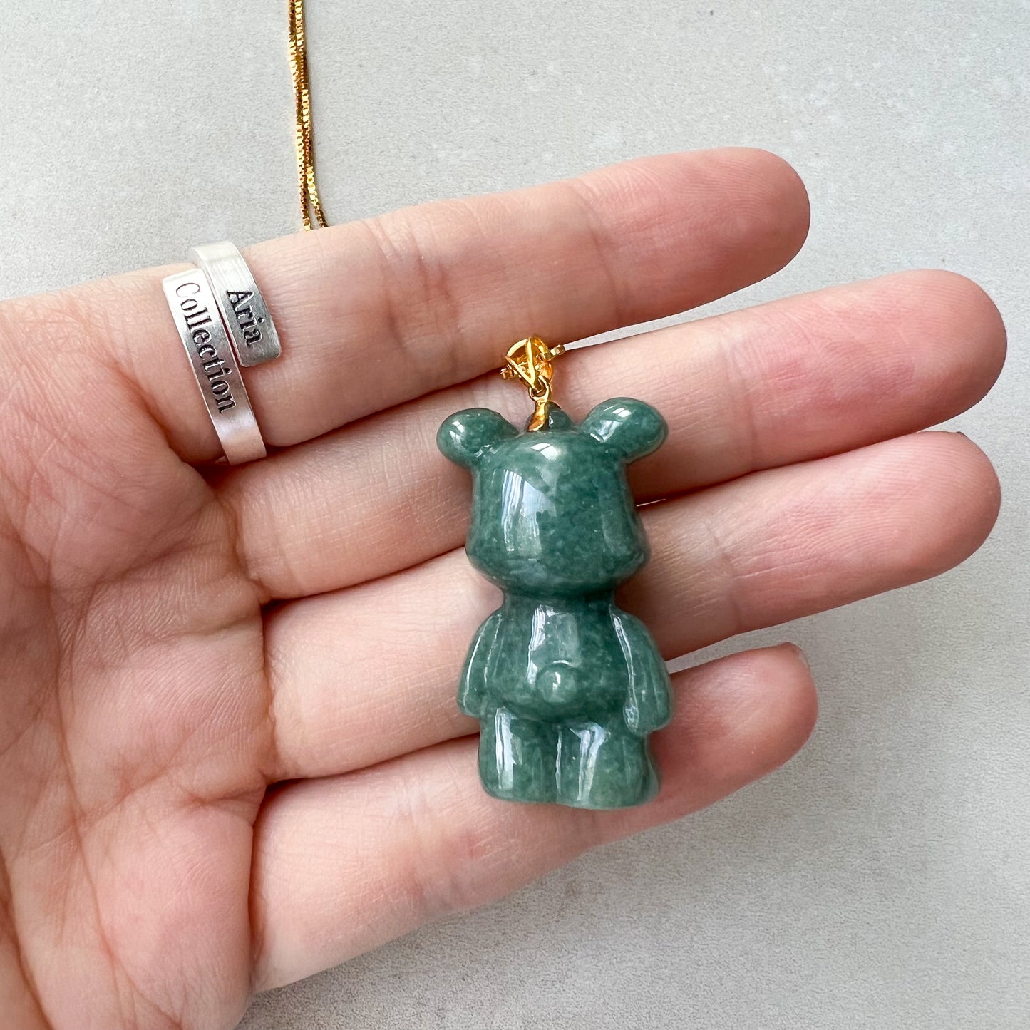 Green Jadeite Jade Teddy Bear, 18K Gold Bail, Hand Carved Pendant - AriaDesignCollection