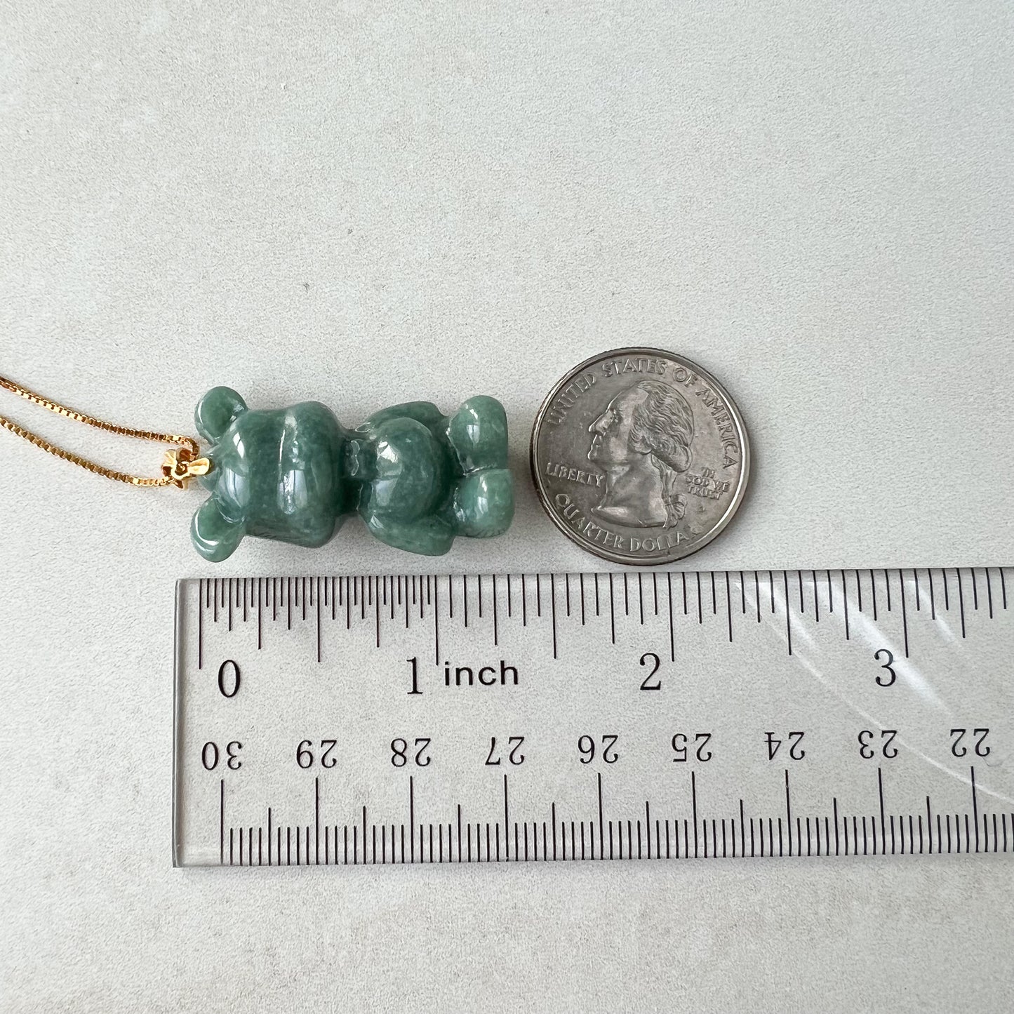 Green Jadeite Jade Teddy Bear, 18K Gold Bail, Hand Carved Pendant - AriaDesignCollection