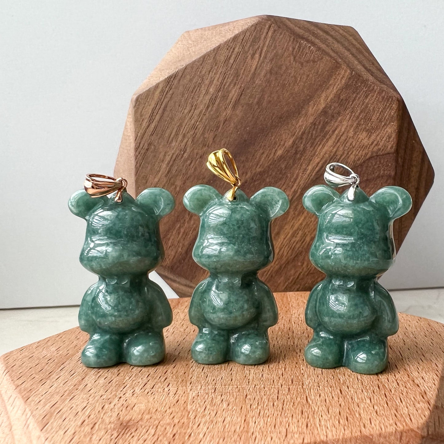Green Jadeite Jade Teddy Bear, 18K Gold Bail, Hand Carved Pendant - AriaDesignCollection