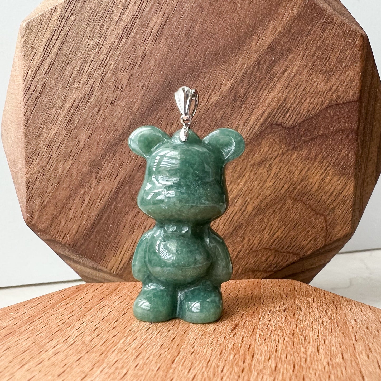 Green Jadeite Jade Teddy Bear, 18K Gold Bail, Hand Carved Pendant - AriaDesignCollection