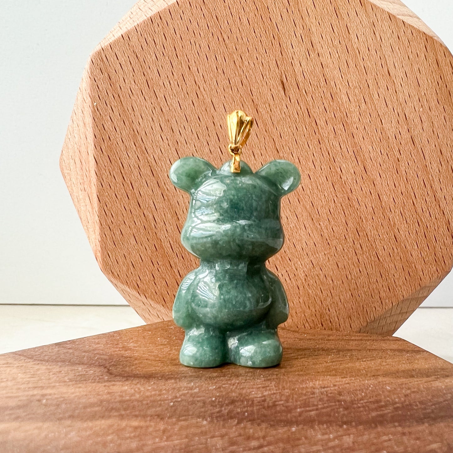 Green Jadeite Jade Teddy Bear, 18K Gold Bail, Hand Carved Pendant - AriaDesignCollection