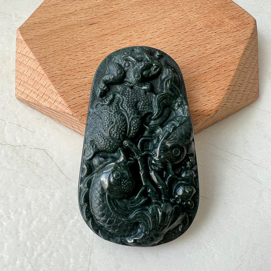 Black Jadeite Jade Twin Fish, Omphacite Jade, Pisces Zodiac Horoscope Necklace, Hand Carved Pendant Necklace, LGG-0322-1667010045-1 - AriaDesignCollection