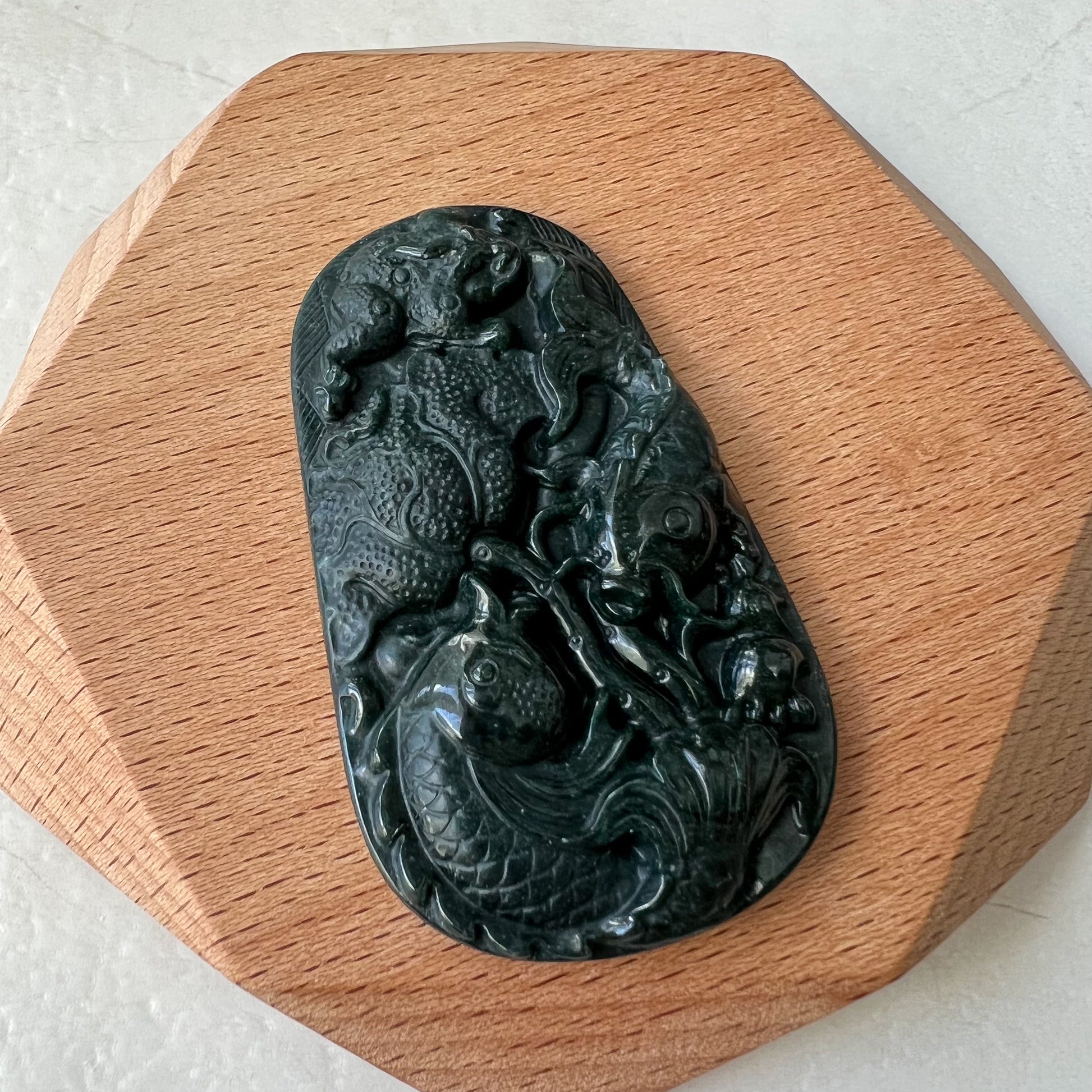 Black Jadeite Jade Twin Fish, Omphacite Jade, Pisces Zodiac Horoscope Necklace, Hand Carved Pendant Necklace, LGG-0322-1667010045-1 - AriaDesignCollection