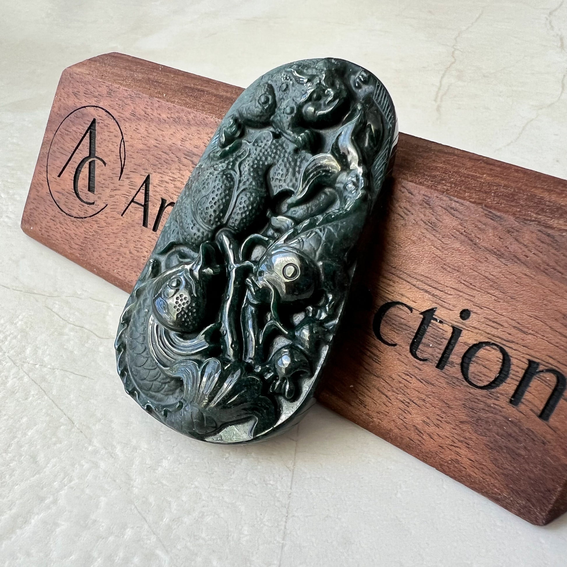 Black Jadeite Jade Twin Fish, Omphacite Jade, Pisces Zodiac Horoscope Necklace, Hand Carved Pendant Necklace, LGG-0322-1667010045-1 - AriaDesignCollection