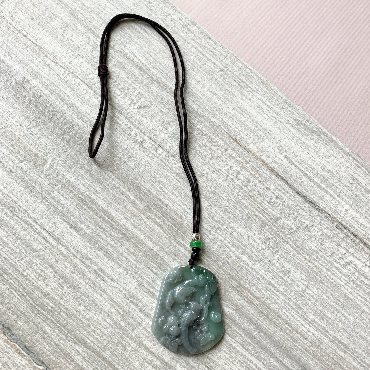 Jadeite Jade Magpie Bird Plum Flower Carved Pendant, Green Black Jade Necklace, YJ-0321-0420196 - AriaDesignCollection