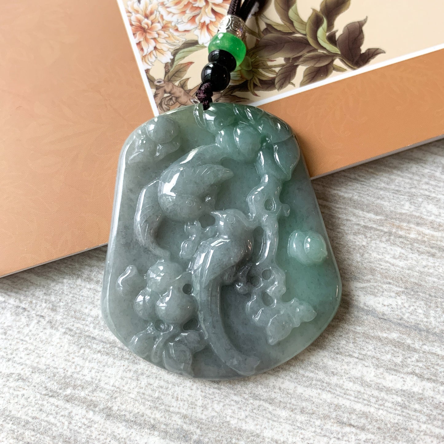 Jadeite Jade Magpie Bird Plum Flower Carved Pendant, Green Black Jade Necklace, YJ-0321-0420196 - AriaDesignCollection