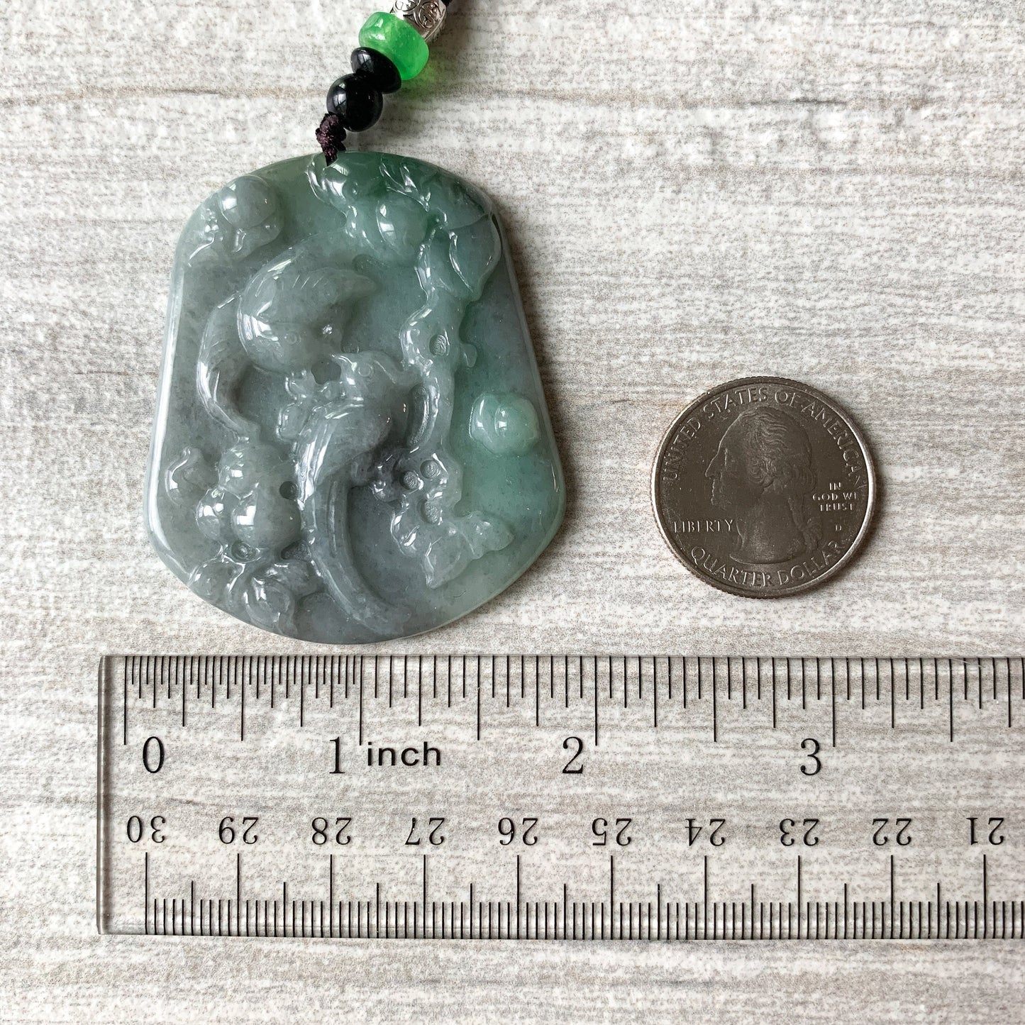 Jadeite Jade Magpie Bird Plum Flower Carved Pendant, Green Black Jade Necklace, YJ-0321-0420196 - AriaDesignCollection