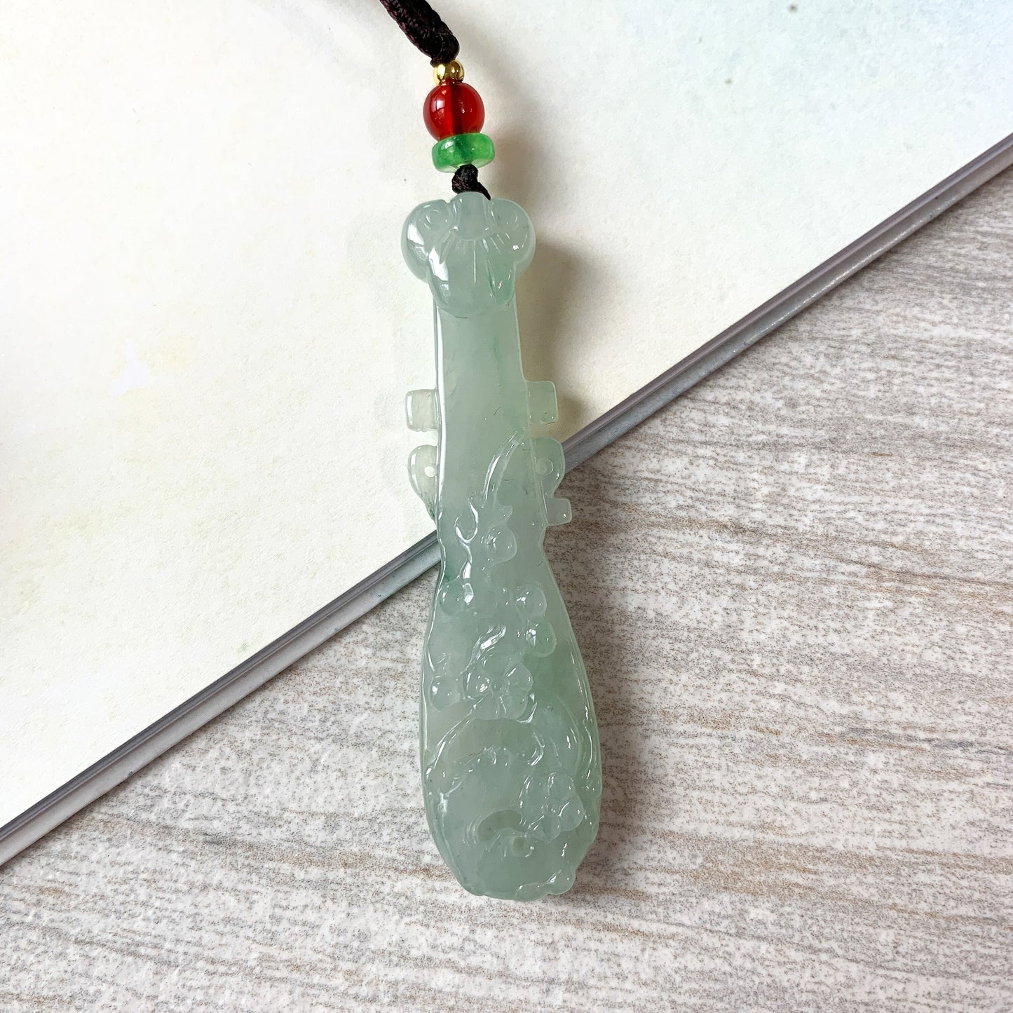 Icy Translucent Jadeite Jade Chinese Lute Pi Pa, 琵琶,Jade Necklace, HY-0621-0093659 - AriaDesignCollection