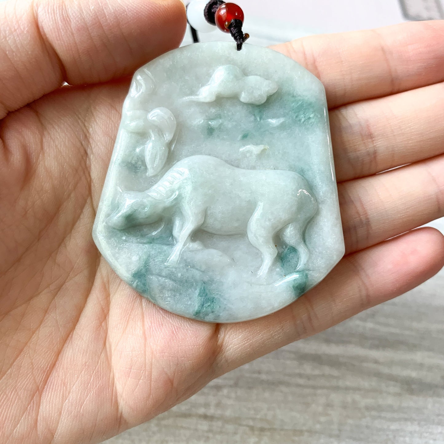 Ox Jadeite Jade Bull Cow Chinese Zodiac Carved Rustic Pendant Necklace, YJ-0321-0449619 - AriaDesignCollection