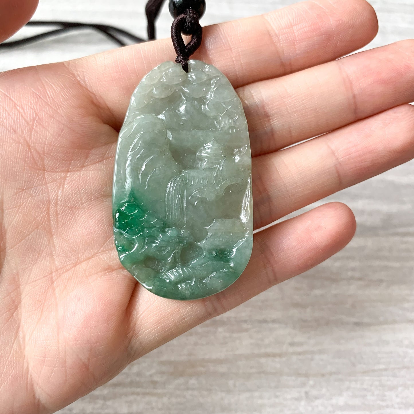 Jadeite Jade Landscape Mountain Forest River Scenery Hand Carved Pendant Necklace, YJ-0321-0387980 - AriaDesignCollection