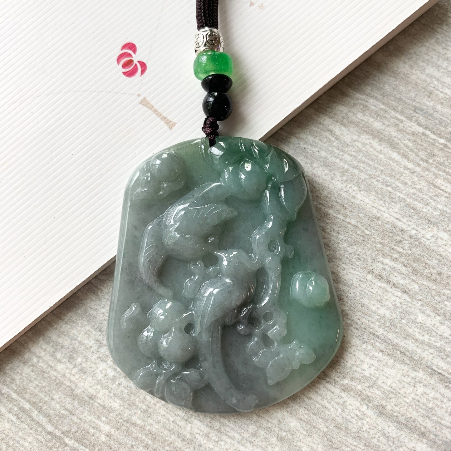 Jadeite Jade Magpie Bird Plum Flower Carved Pendant, Green Black Jade Necklace, YJ-0321-0420196 - AriaDesignCollection