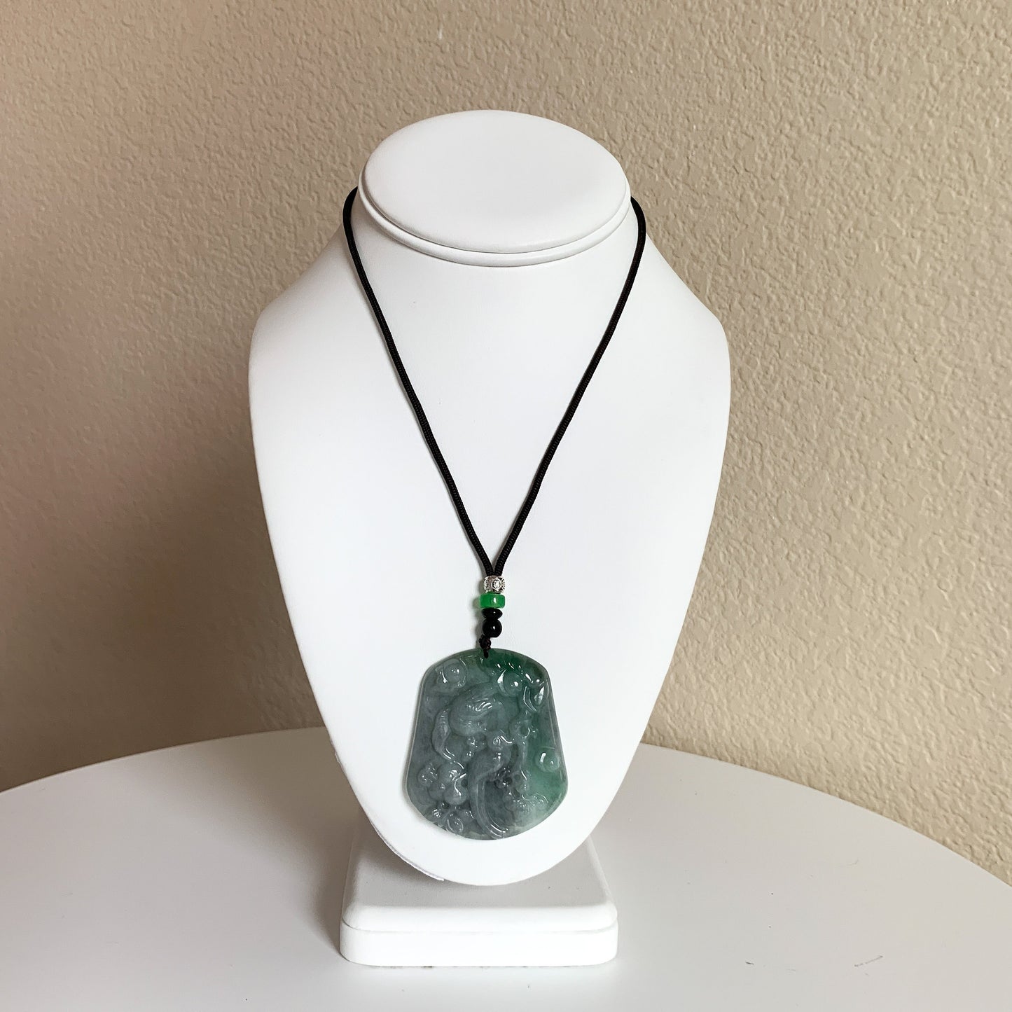 Jadeite Jade Magpie Bird Plum Flower Carved Pendant, Green Black Jade Necklace, YJ-0321-0420196 - AriaDesignCollection