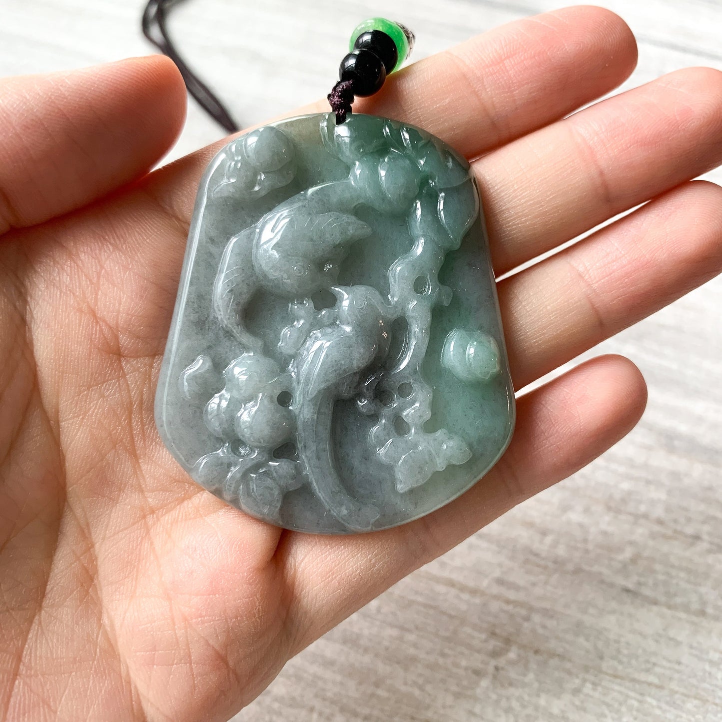Jadeite Jade Magpie Bird Plum Flower Carved Pendant, Green Black Jade Necklace, YJ-0321-0420196 - AriaDesignCollection