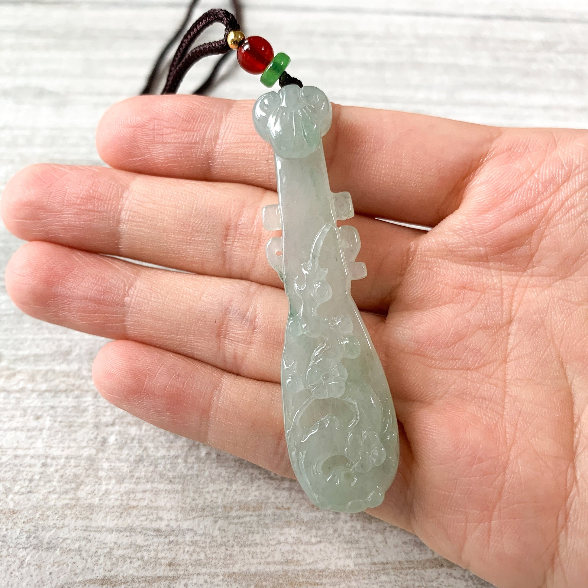 Icy Translucent Jadeite Jade Chinese Lute Pi Pa, 琵琶,Jade Necklace, HY-0621-0093659 - AriaDesignCollection