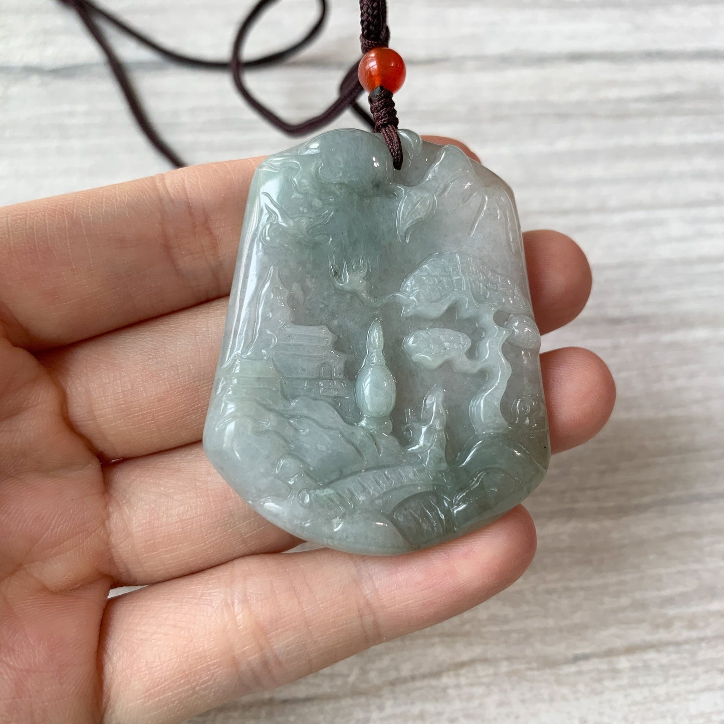 Green Tree pendant, Jadeite Jade, Mountain Forest River Scenery Hand Carved Pendant Necklace, YJ-0321-0234385-2 - AriaDesignCollection