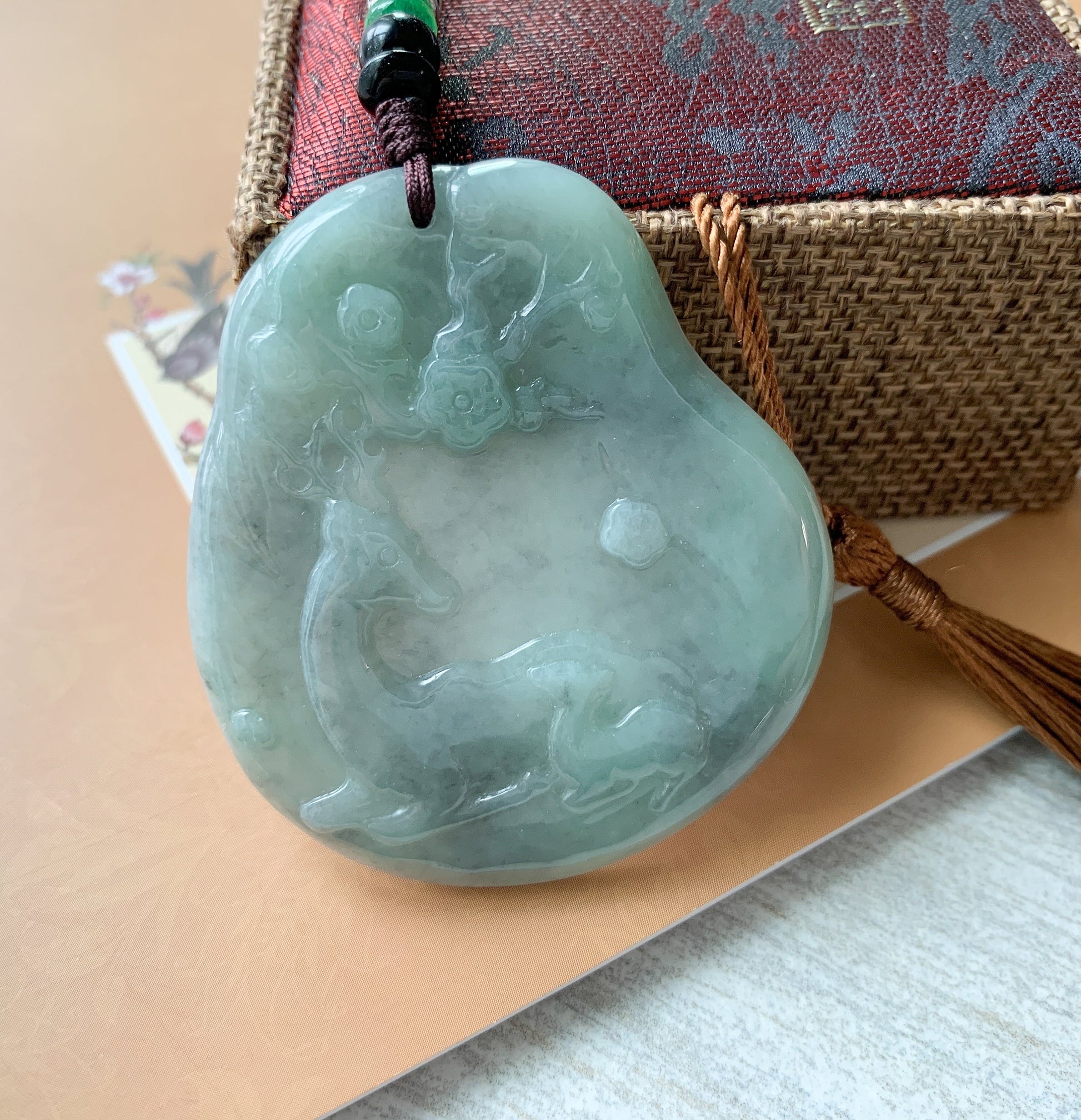 Jadeite Jade Deer in Forest Hand Carved Pendant Necklace, YJ-0321-0420193 - AriaDesignCollection