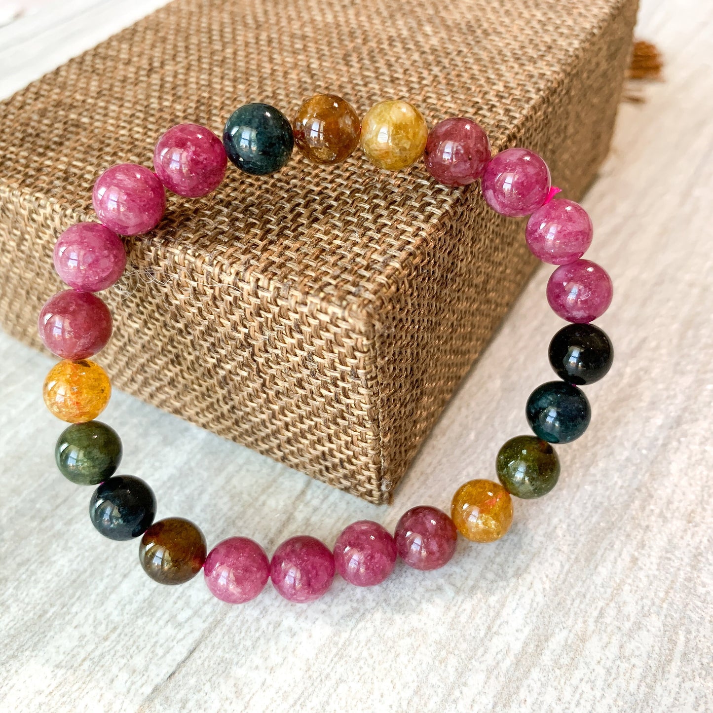 8 mm Natural Rainbow Tourmaline Bracelet Multi Color Tourmaline Bracelet, DP-0621-1647122215 - AriaDesignCollection