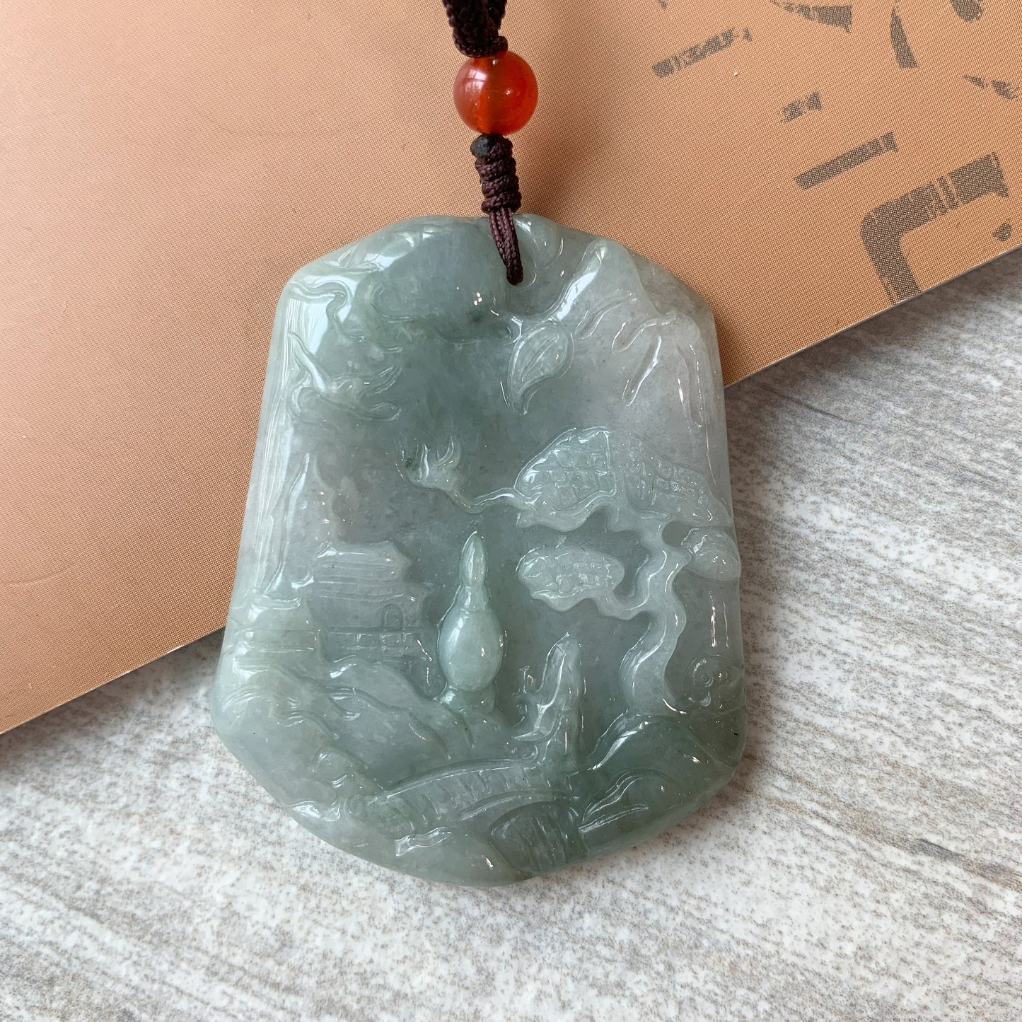 Green Tree pendant, Jadeite Jade, Mountain Forest River Scenery Hand Carved Pendant Necklace, YJ-0321-0234385-2 - AriaDesignCollection