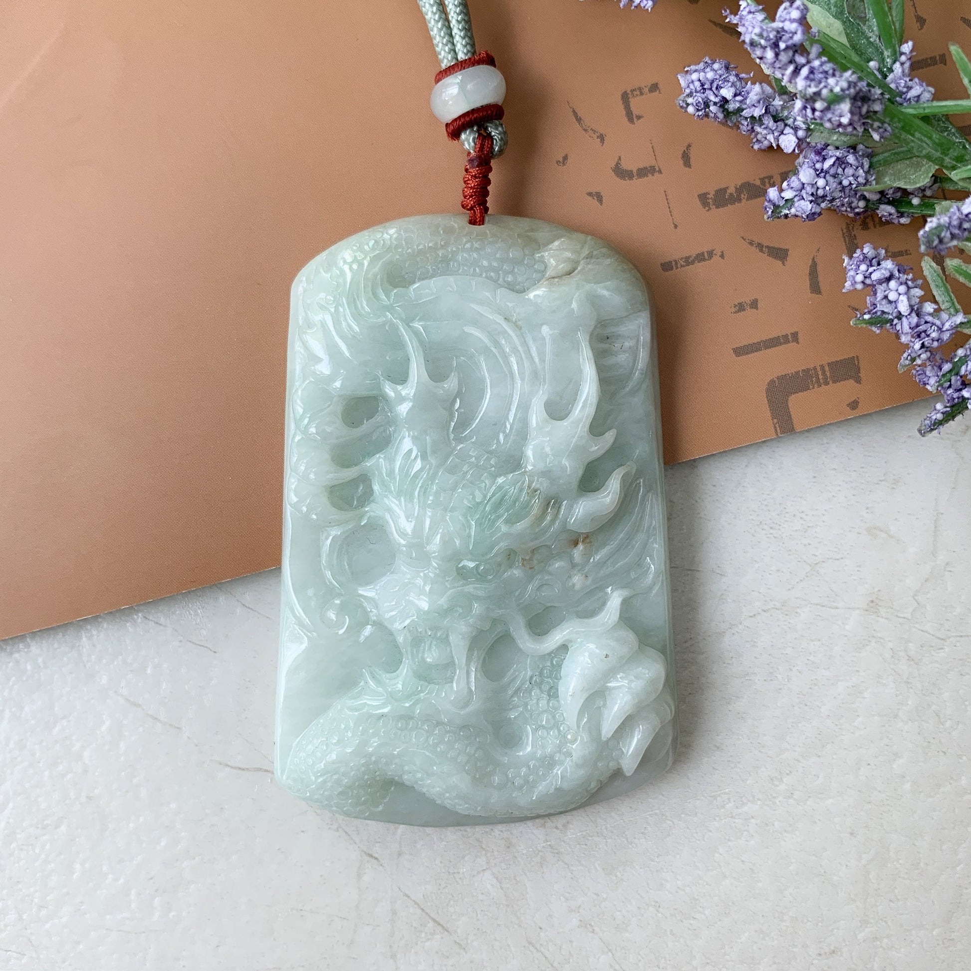 Large Jadeite Jade Dragon Chinese Zodiac Hand Carved Pendant Necklace, YJ-0321-0351384 - AriaDesignCollection