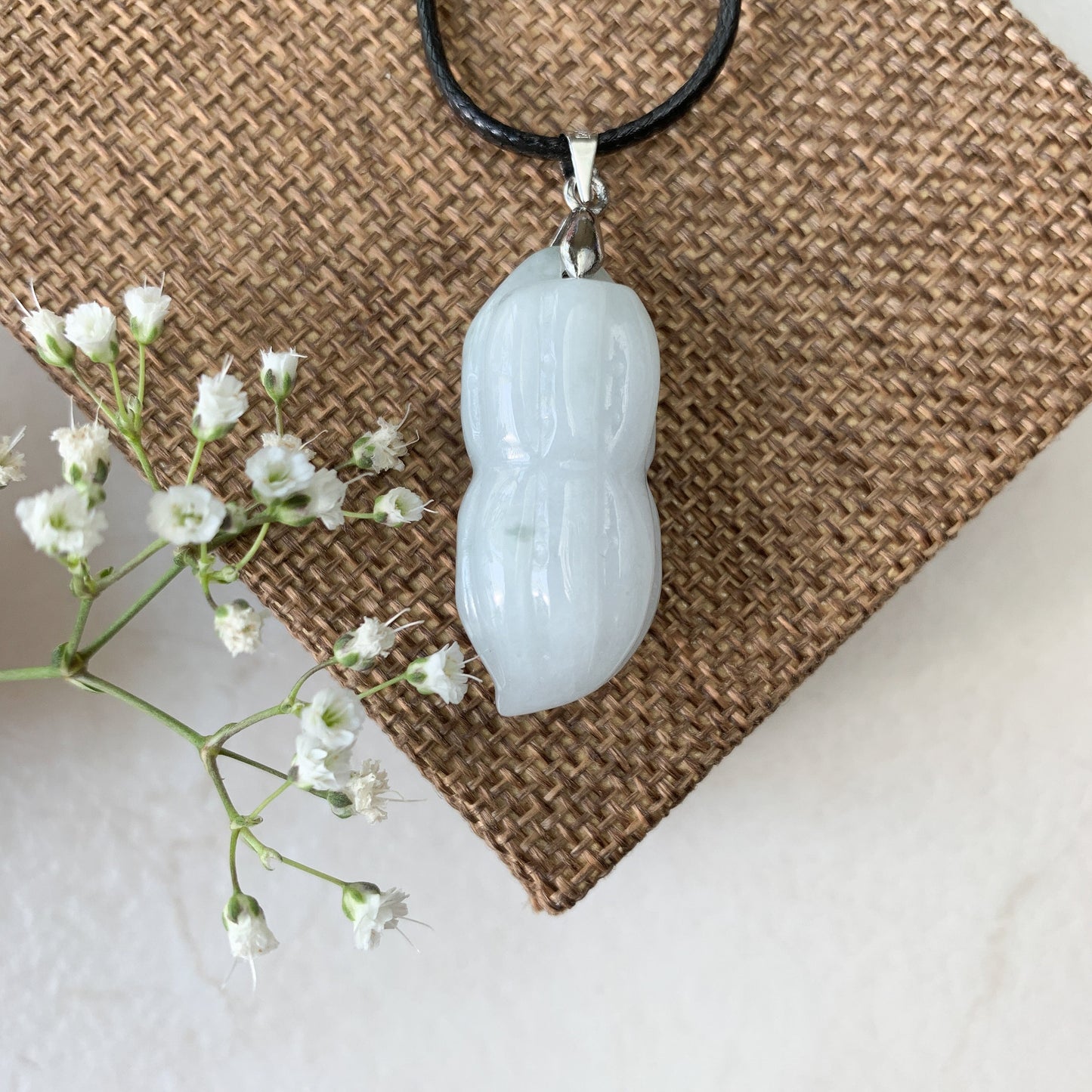 Jadeite Jade Peanut Carved Black Faux Leather Minimalist Necklace, YJ-0321-0468516 - AriaDesignCollection